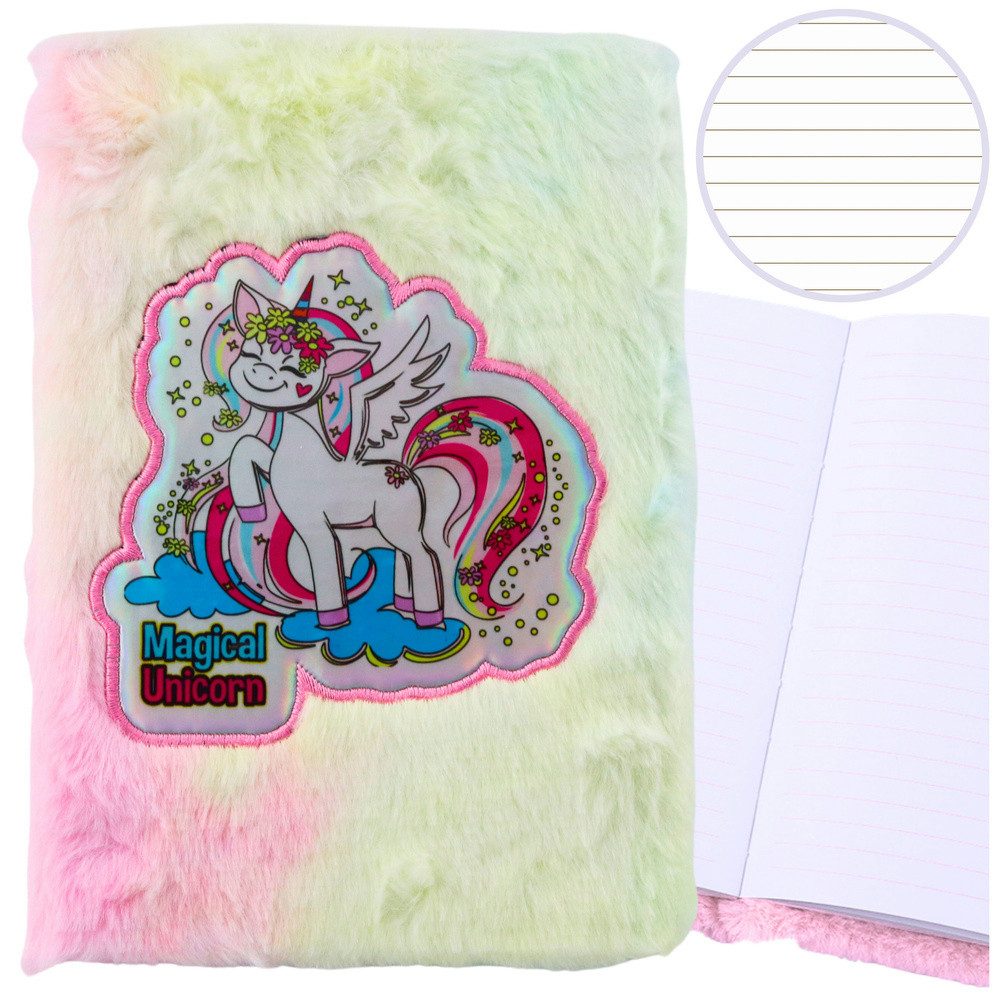 LEAN TOYS Notizbuch Tagebuch Schreibheft Schulheft, Plüsch-Einband, Einhorn-Motiv, liniert, A5