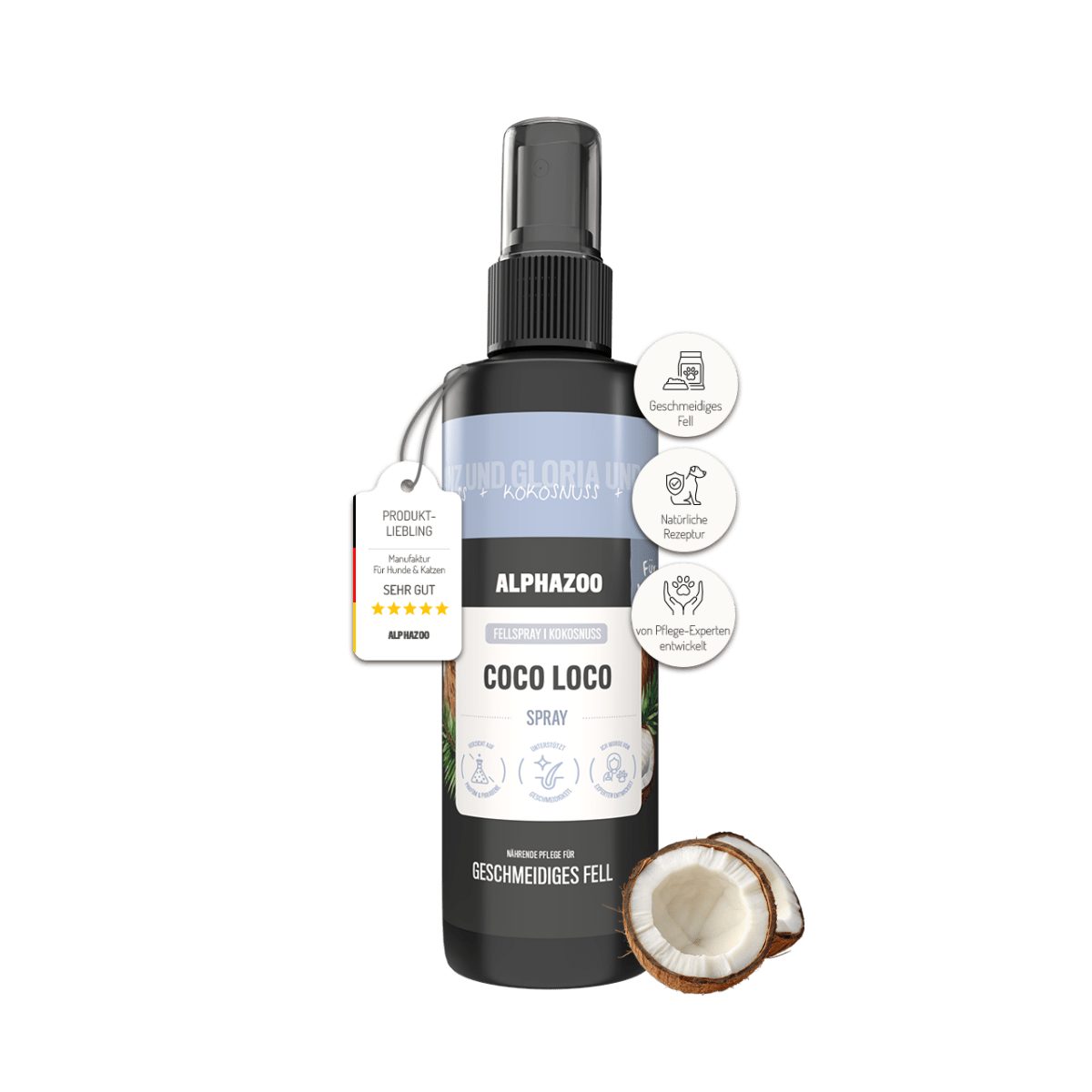 ALPHAZOO Fellpflege Coco Loco Fellspray für Hunde 250 ml, 250 ml, (1-St), Kokos Fellpflegespray, Pflegende Kämmhilfe bei Verfilzungen