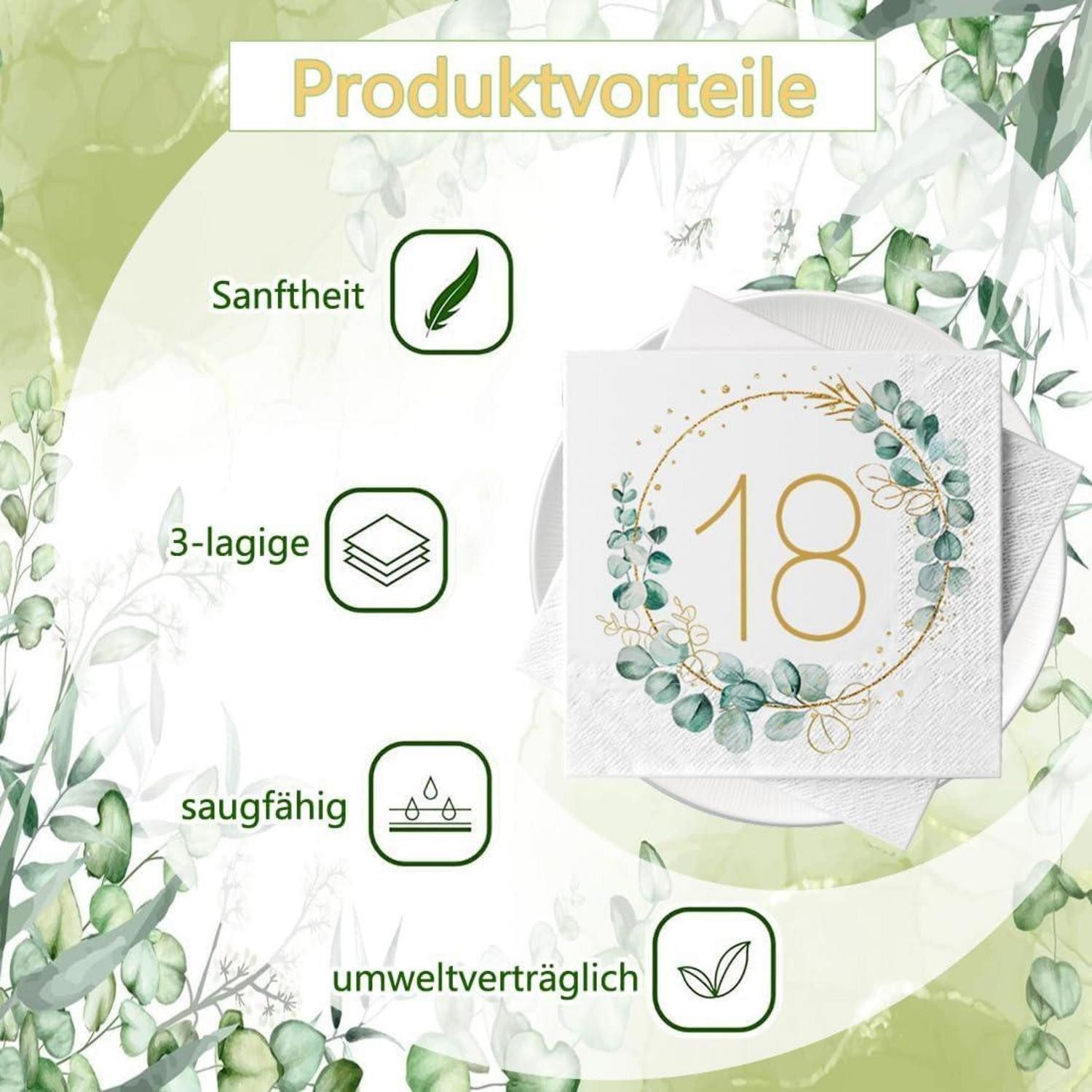 LuxusKollektion Papierserviette Servietten 40 Stück Eukalyptus Gold Grün 18. Geburtstag Servietten