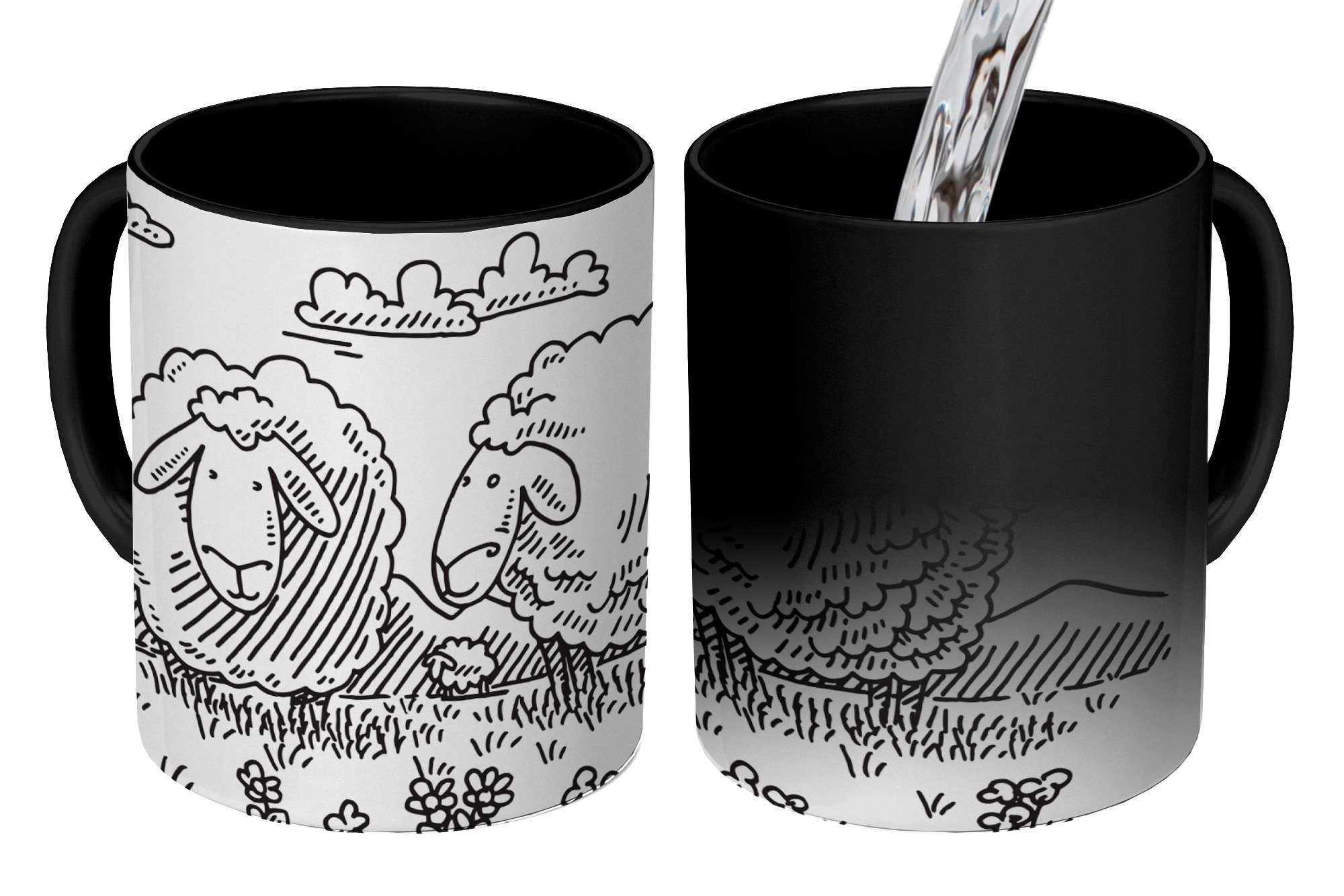 MuchoWow Tasse Eine Illustration von zwei Schafen auf der Wiese, Keramik, Farbwechsel, Kaffeetassen, Teetasse, Zaubertasse, Geschenk