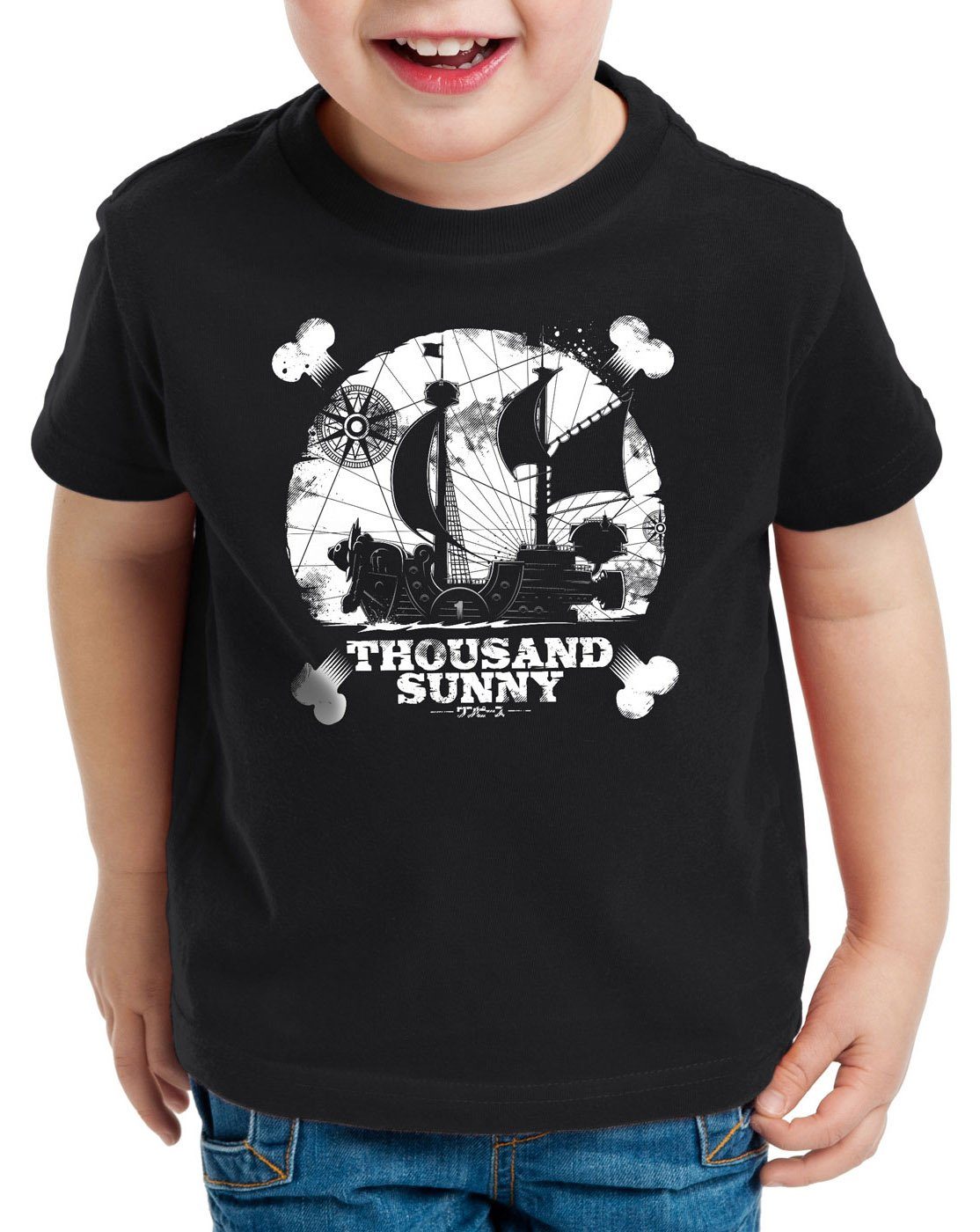 style3 Print-Shirt Kinder T-Shirt Thousand Sunny Emblem Strohhut Pirat schwarz
