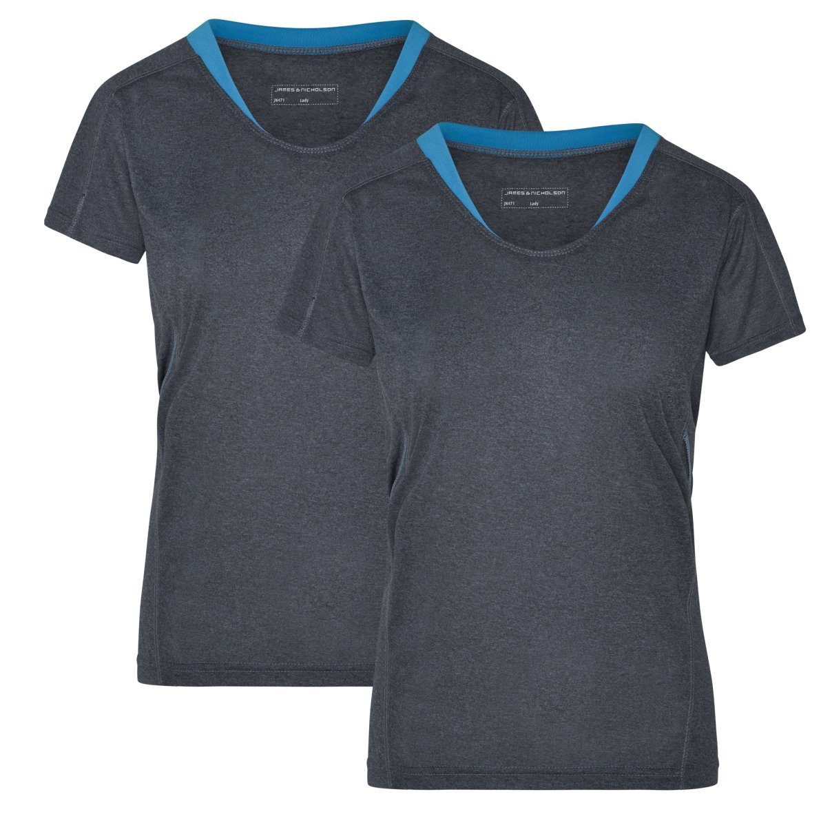 James & Nicholson T-Shirt JN471 Laufshirt Kurzarm 2 black-melange/atlantic Running Damen Laufshirt Atmungsaktiv und Doppelpack (Doppelpack, Feuchtigkeitsregulierend Stück)