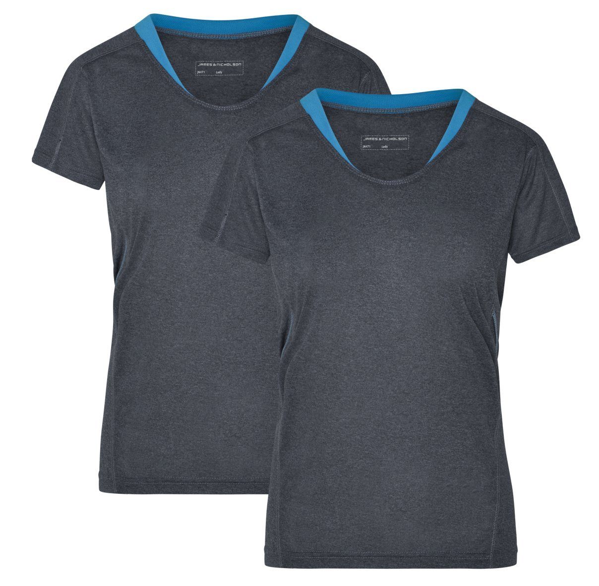 Doppelpack Running & (Doppelpack, James Nicholson Stück) JN471 2 Feuchtigkeitsregulierend Atmungsaktiv black-melange/atlantic T-Shirt Laufshirt und Laufshirt Kurzarm Damen