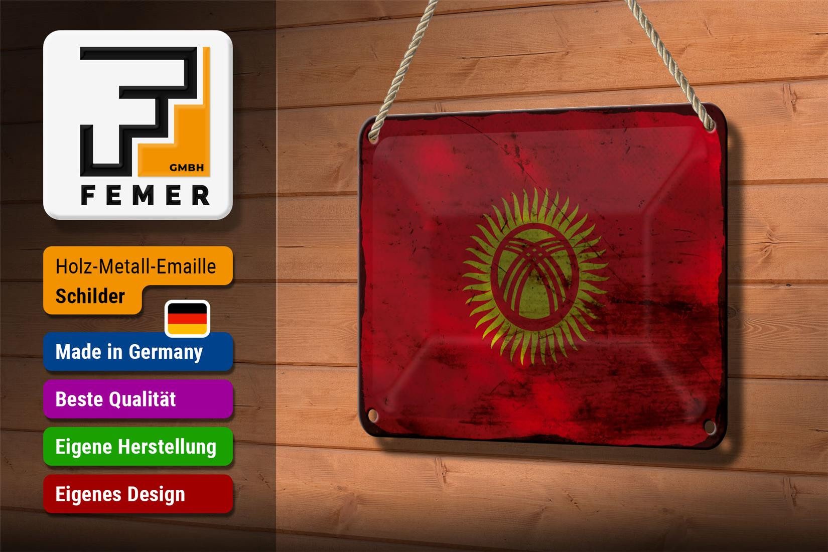 Femer GmbH Metallschild Flagge Kirgisistan 18x12cm Kyrgyzstan Rost, (1 St), gewölbte Oberfläche, abgerundete Ecken, umgeschlagene Kanten