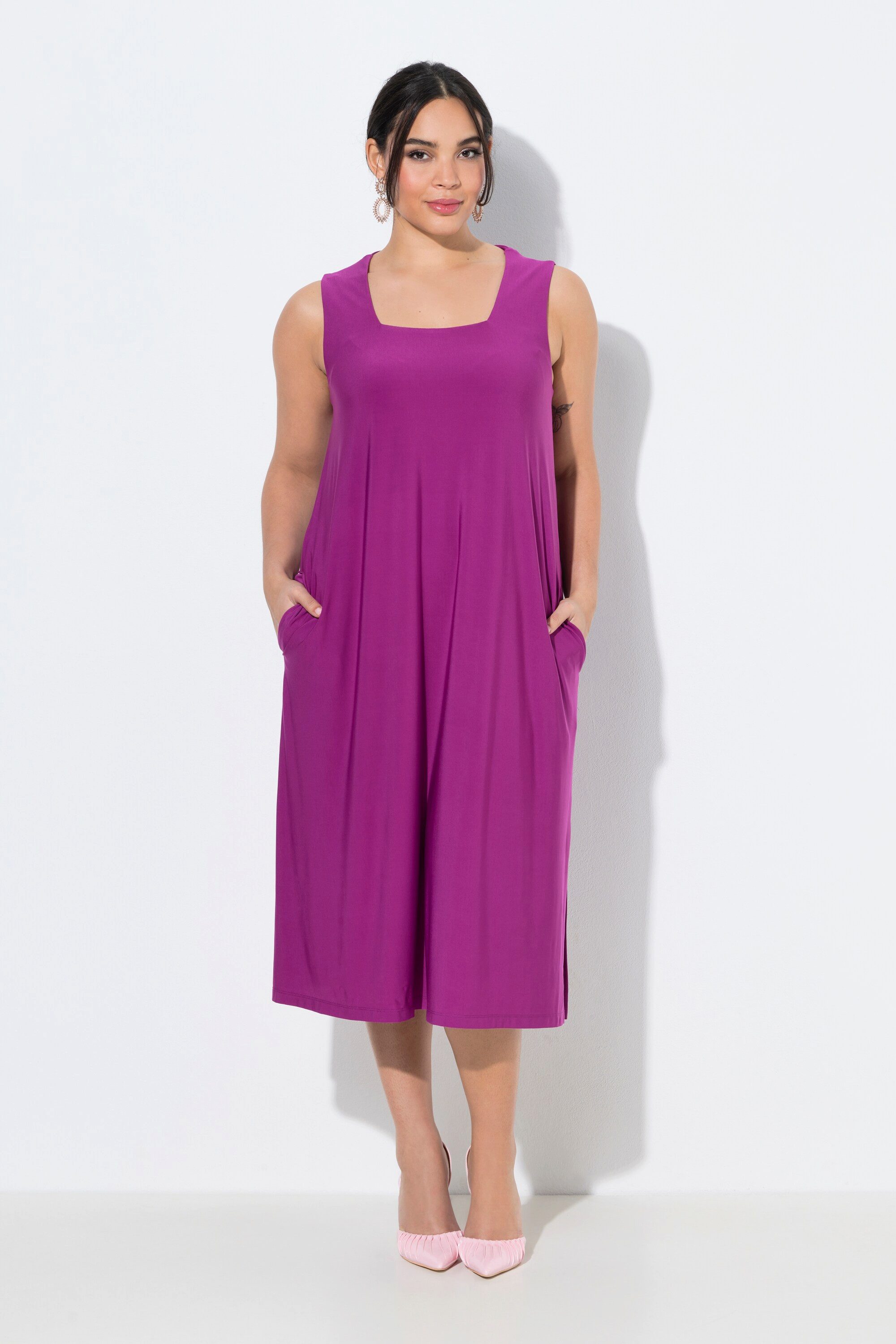 Ulla Popken Cocktailkleid Jerseykleid A-Linie Carré-Ausschnitt ärmellos