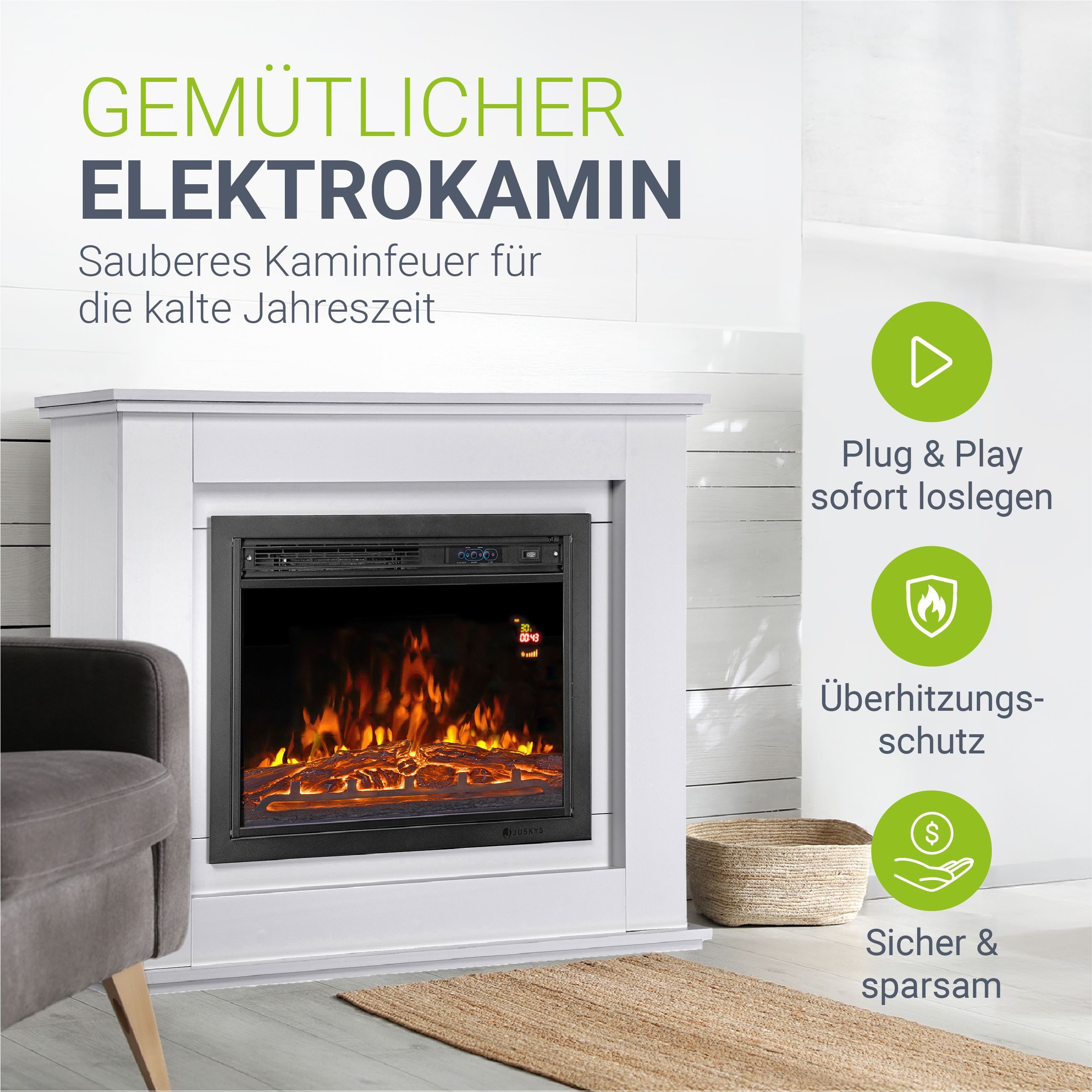 Juskys Elektrokamin, 2000 W Heizung, Flammeneffekt, Fernbedienung, LED-Lich günstig online kaufen