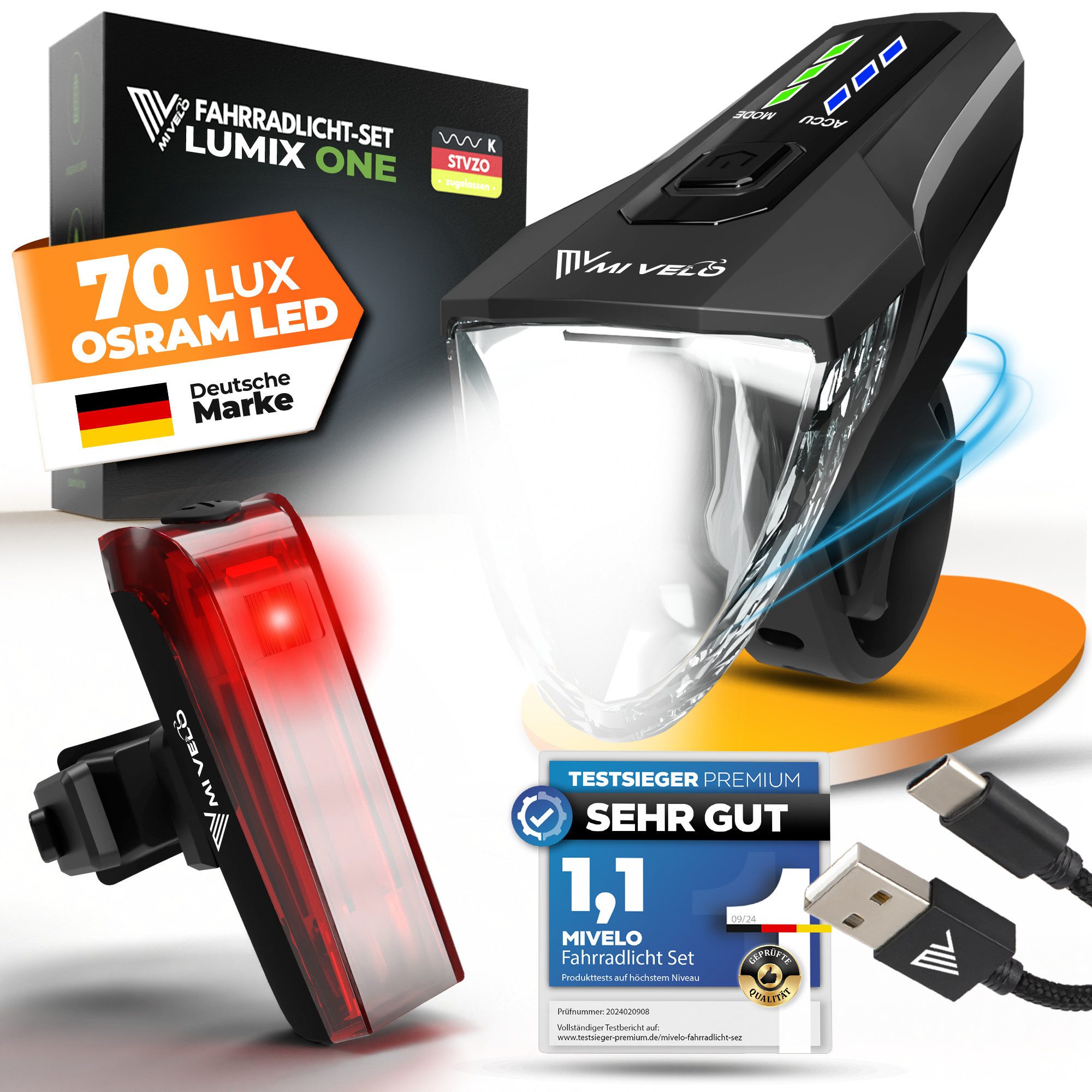 MIVELO Fahrradbeleuchtung LUMIX Fahrradlicht LED Set 70 LUX - Akku USB aufladbar wasserdicht, OSRAM LED