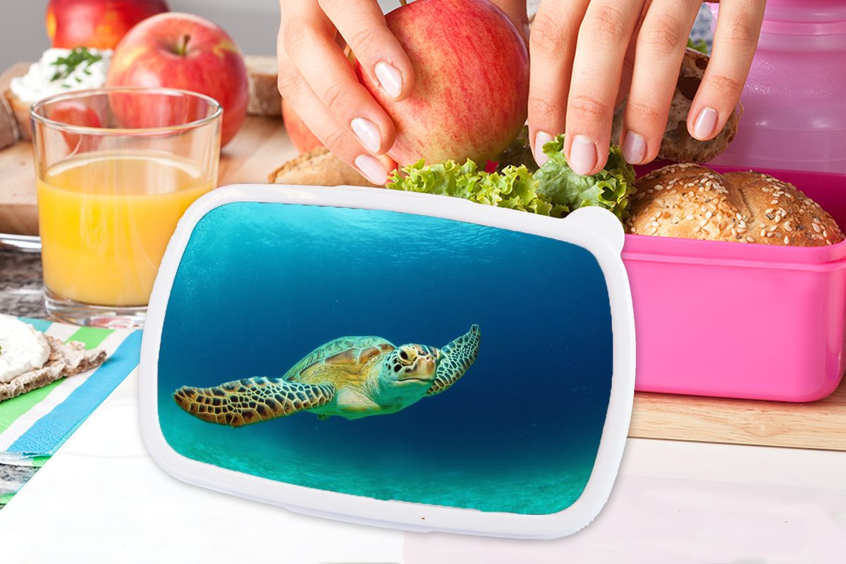 Snackbox, Grünen Lunchbox rosa Mädchen, Kunststoff, einer Meeresschildkröte, Kinder, MuchoWow Kunststoff für Brotbox Brotdose Erwachsene, Nahaufnahme (2-tlg),