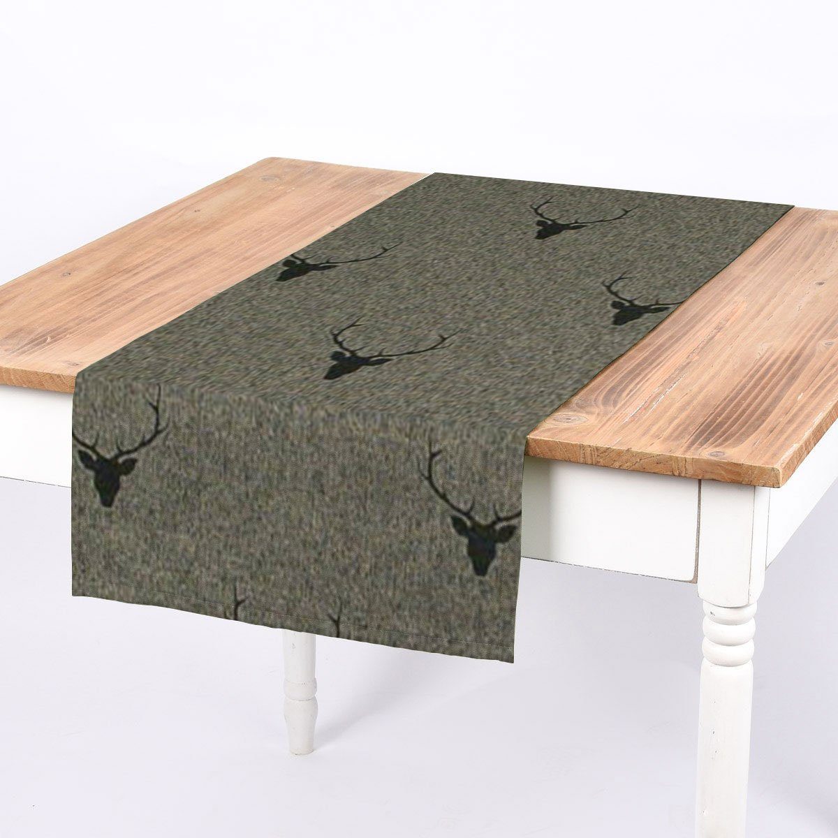 SCHÖNER LEBEN. Tischläufer Jacquard Hirschkopf grün dunkelgrün, made in Germany,handmade,doubleface