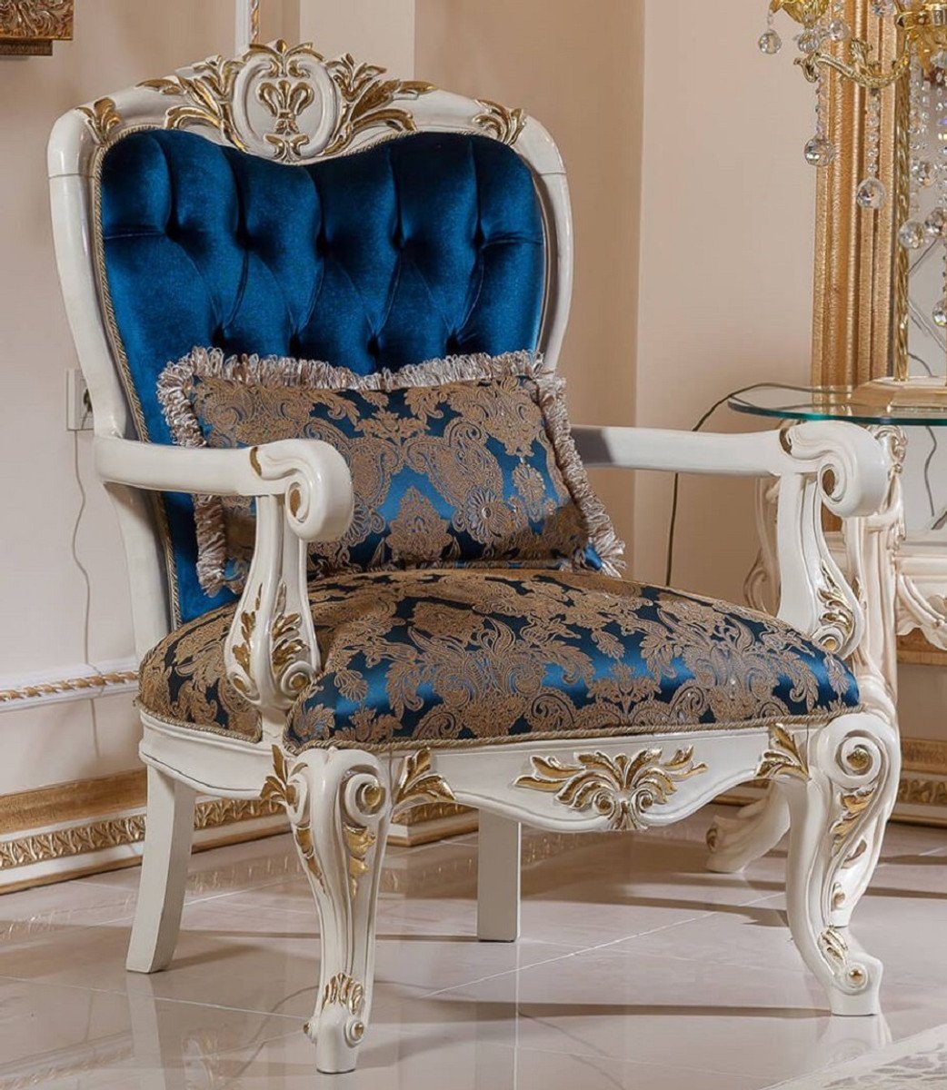Casa Padrino Sessel Casa Padrino Luxus Barock Sessel Blau / Braun / Weiß / Gold - Prunkvoller Wohnzimmer Sessel mit elegantem Muster - Barockstil Wohnzimmer Möbel - Luxus Möbel im Barockstil - Barock Einrichtung