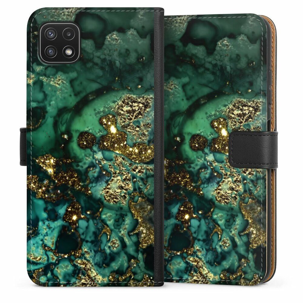 DeinDesign Handyhülle Marmor Glitzer Look Muster Cyan Glitter Marble Look, Samsung Galaxy A22 5G Hülle Flip Case Klapphülle Handytasche Leder