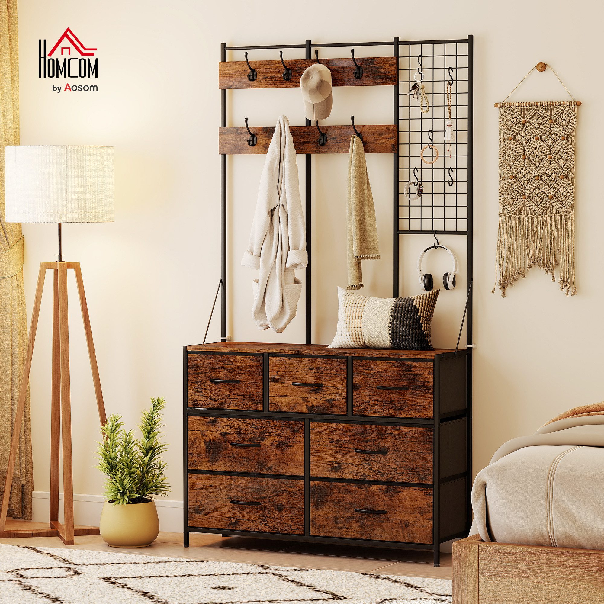 HOMCOM Garderobenständer Kleiderständer Flurgarderobe mit 14 Haken, (Set, 1 St., 1), 4-in-1 Garderobe mit 7 Schubladen