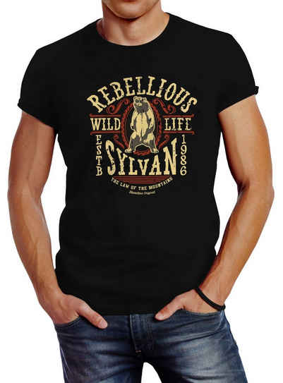 Neverless Print-Shirt Herren T-Shirt Rebellious Sylvan Bear Logo Grizzlybär Vintage Print College Style Slim Fit Neverless® mit Print