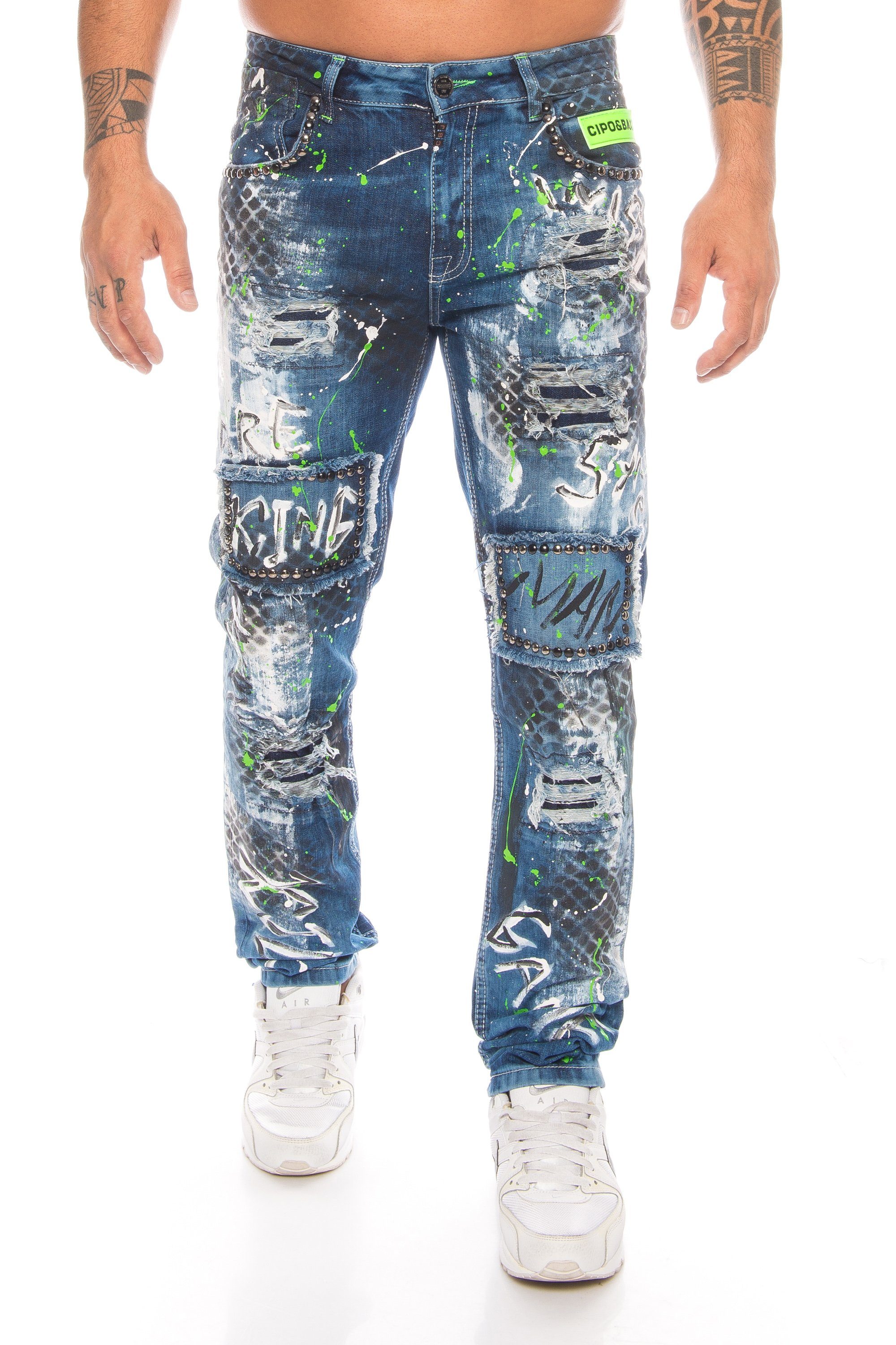 Cipo & Baxx Slim-fit-Jeans »Herren Jeans Hose mit ausgefallenem Graffiti  Design« Aufwendige Verarbeitung mit Nieten und neongrünen Details