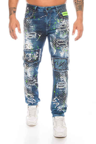 Cipo & Baxx Slim-fit-Jeans Herren Джинси Hose mit ausgefallenem Graffiti Design Aufwendige Verarbeitung mit Nieten und neongrünen Details