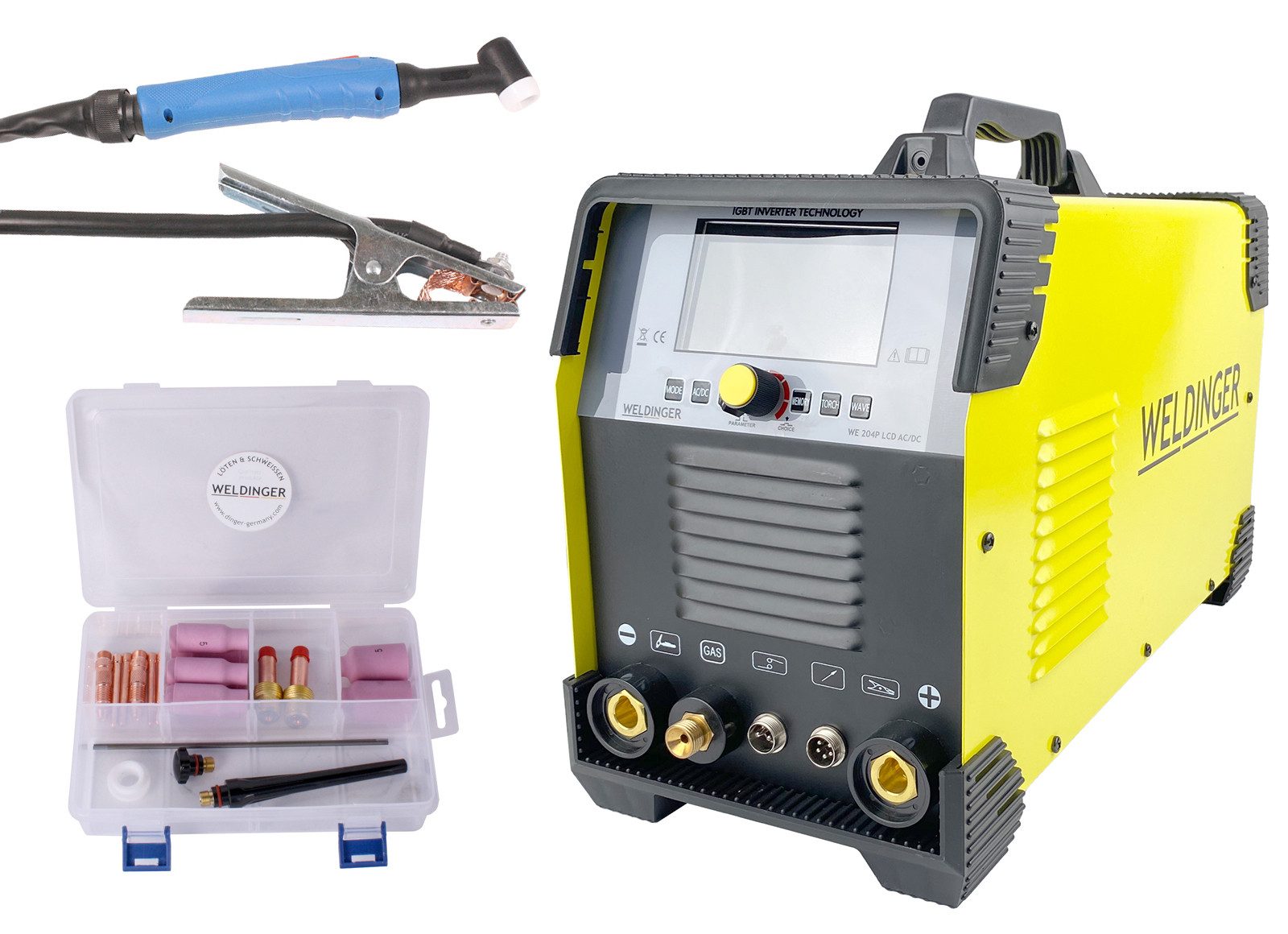 WELDINGER Inverterschweißgerät WIG-Schweißgerät WE 204P ACDC LCD HF Puls Mehrwellenbetrieb WIG-Set, 5 - 200 A, LCD-Display, WIG/MMA, fein regelbare Parameter