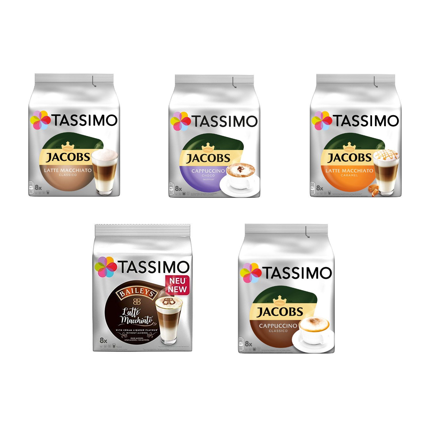 TASSIMO Kaffee Kapseln Milk Range Vielfaltspaket T-Discs 40 Getränke 5 Sorten Kaffee, (Set, 5er Pack)