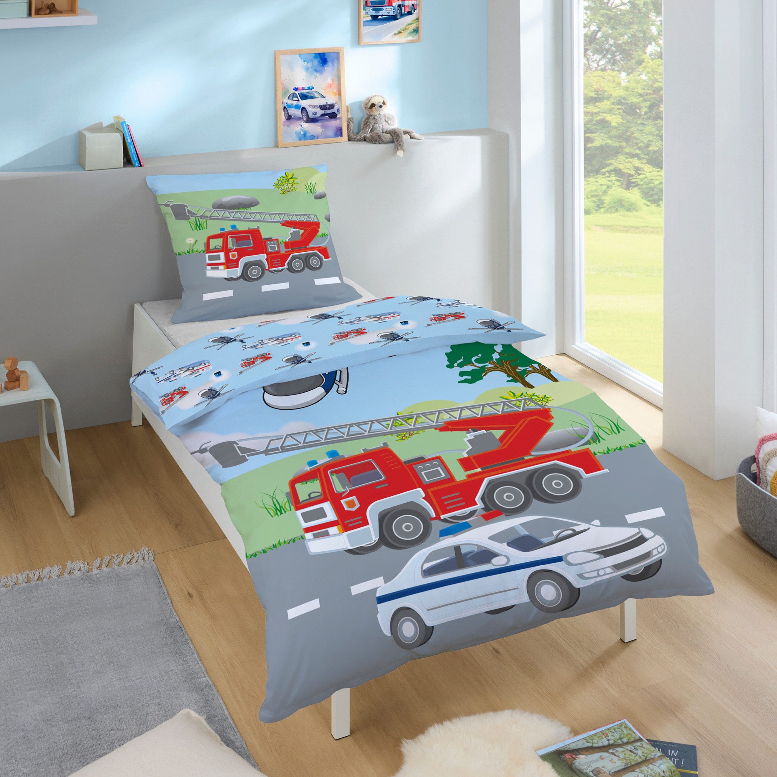 Familando Kinderbettwäsche Polizei & Feuerwehr, 135x200 80x80 cm, 100% Baum günstig online kaufen