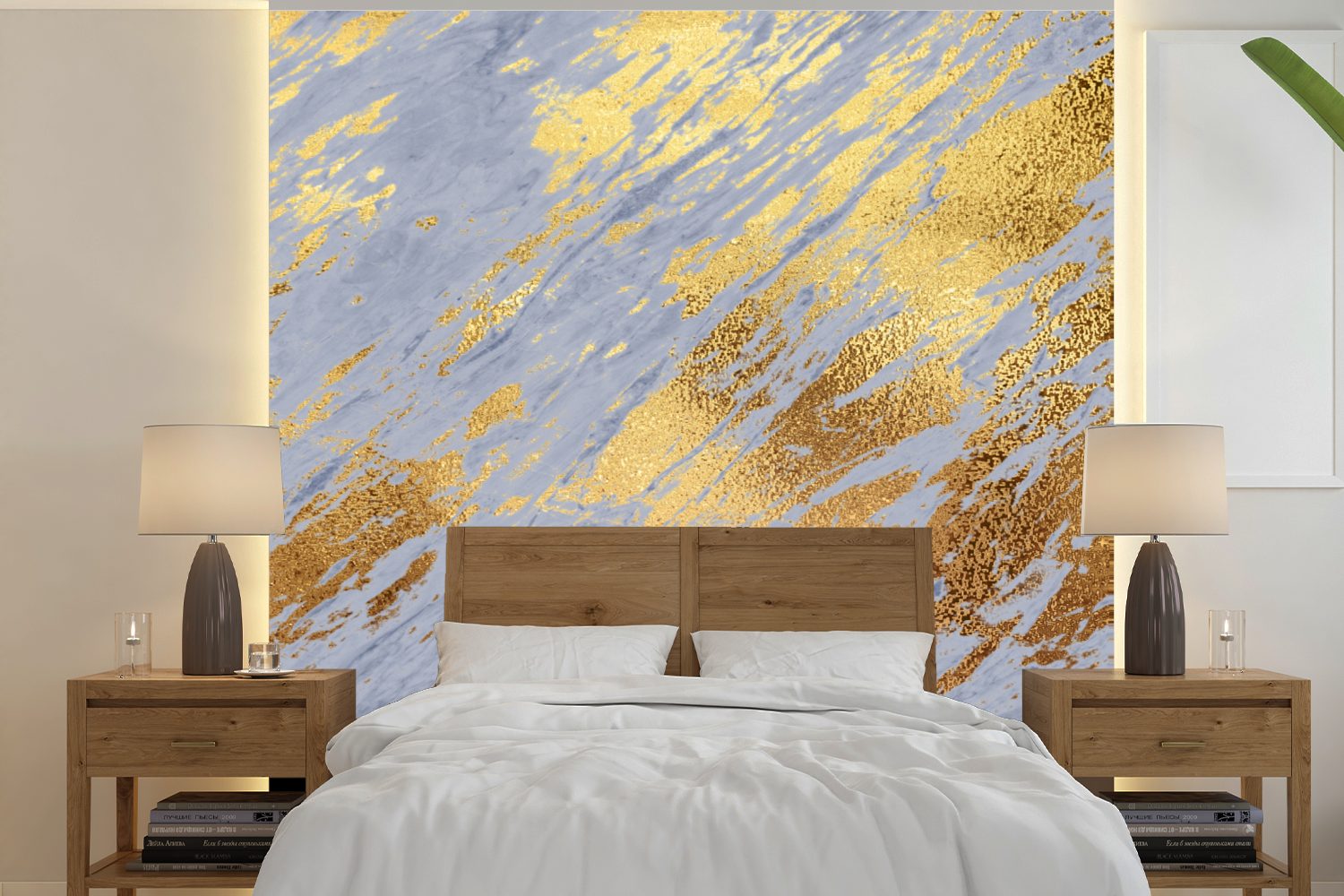 MuchoWow Fototapete Marmor - Gold - Muster, Matt, bedruckt, (5 St), Vinyl Tapete für Wohnzimmer oder Schlafzimmer, Wandtapete