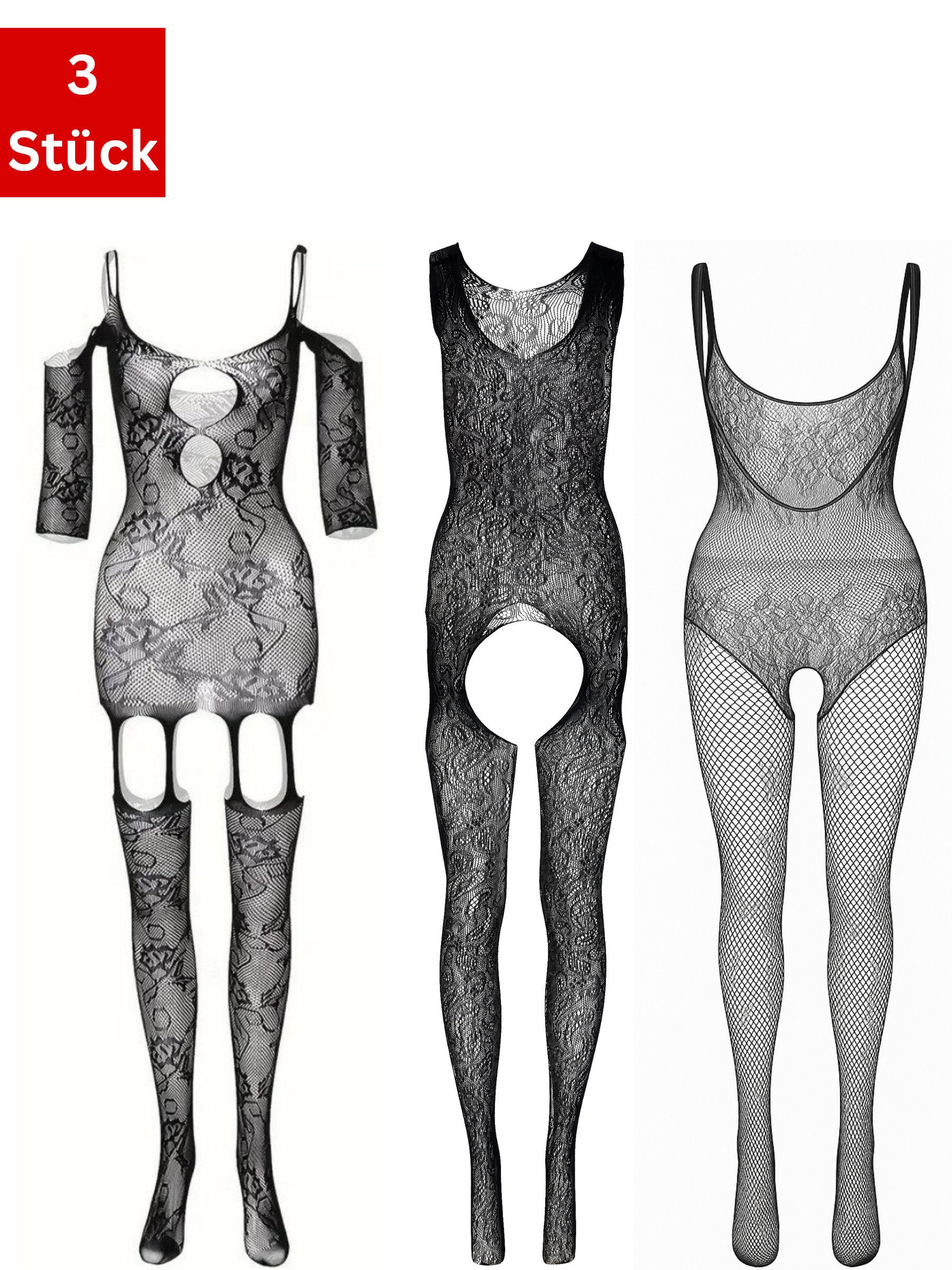 Elegant Love Bodystocking-Ouvert Sexy Catsuit – Reizwäsche für Damen, Dessous mit offenem Schritt (Packung 3 St. 3er-Pack) Strumpfbody aus feinem Netz – Lingerie, Einheitsgröße (S–XL)