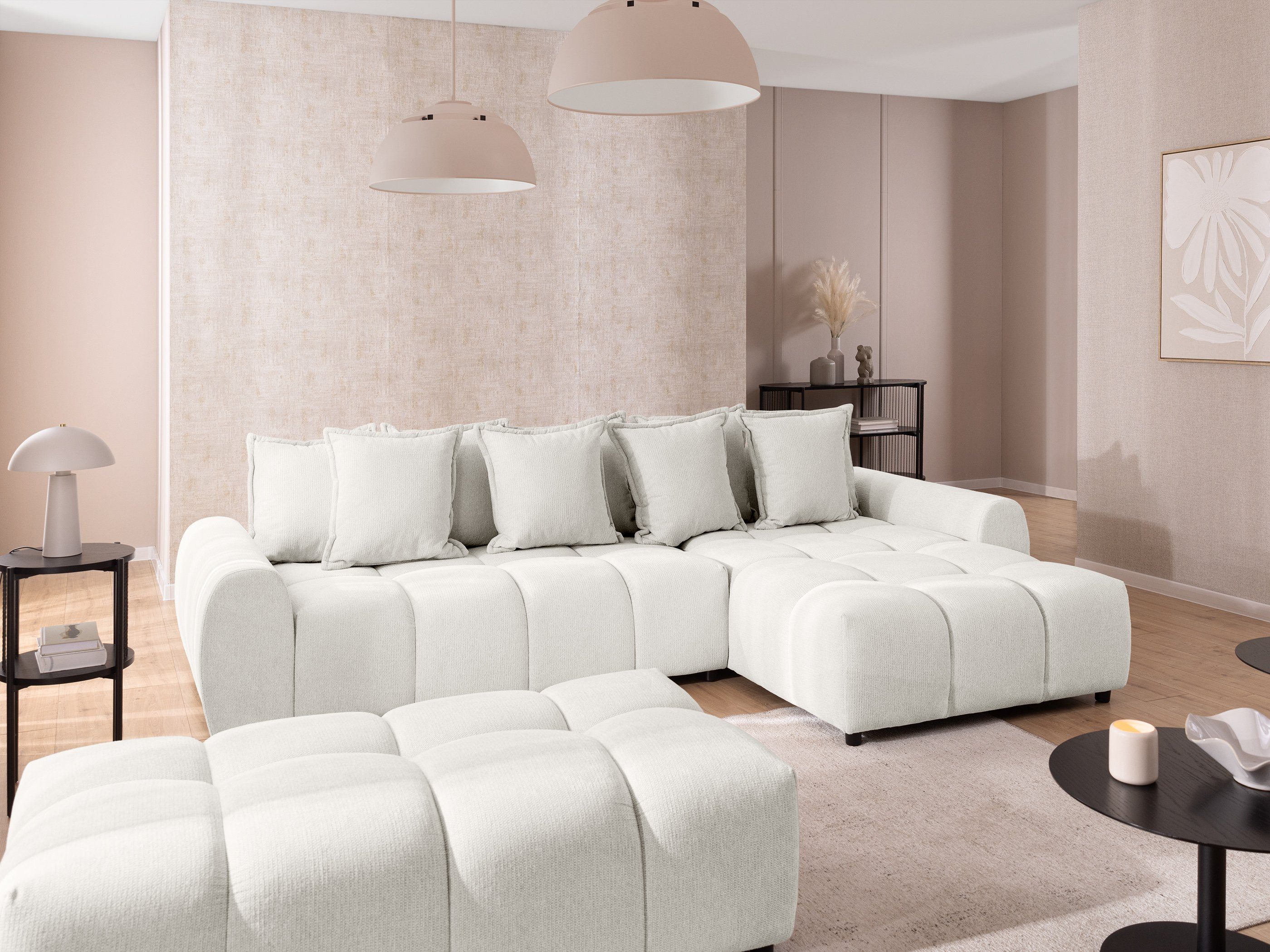 S-Style Möbel Ecksofa Bubble mit Schlaffunktion und Hocker mit losen Rückenkissen, aus Strukturstoff, mit Wellenfederung