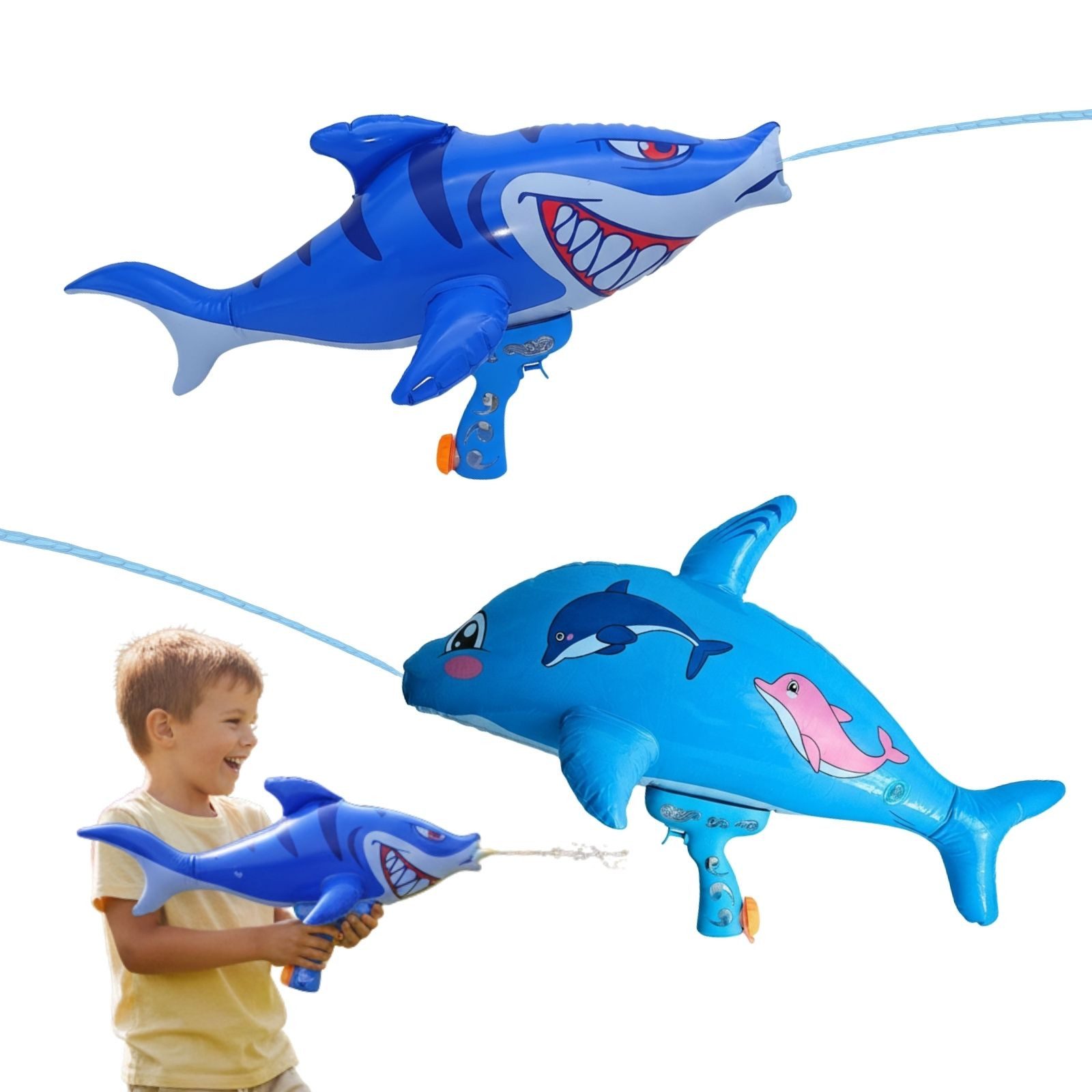 alldoro Wasserpistole 2 aufblasbare XXL Wasserpistolen Hai & Delfin für Kinder ab 3 Jahren (2 tierische XXL Wasserpistolen), Wasserspaß Set für Kindergeburtstag, Garten, Strand, Pool und Urlaub