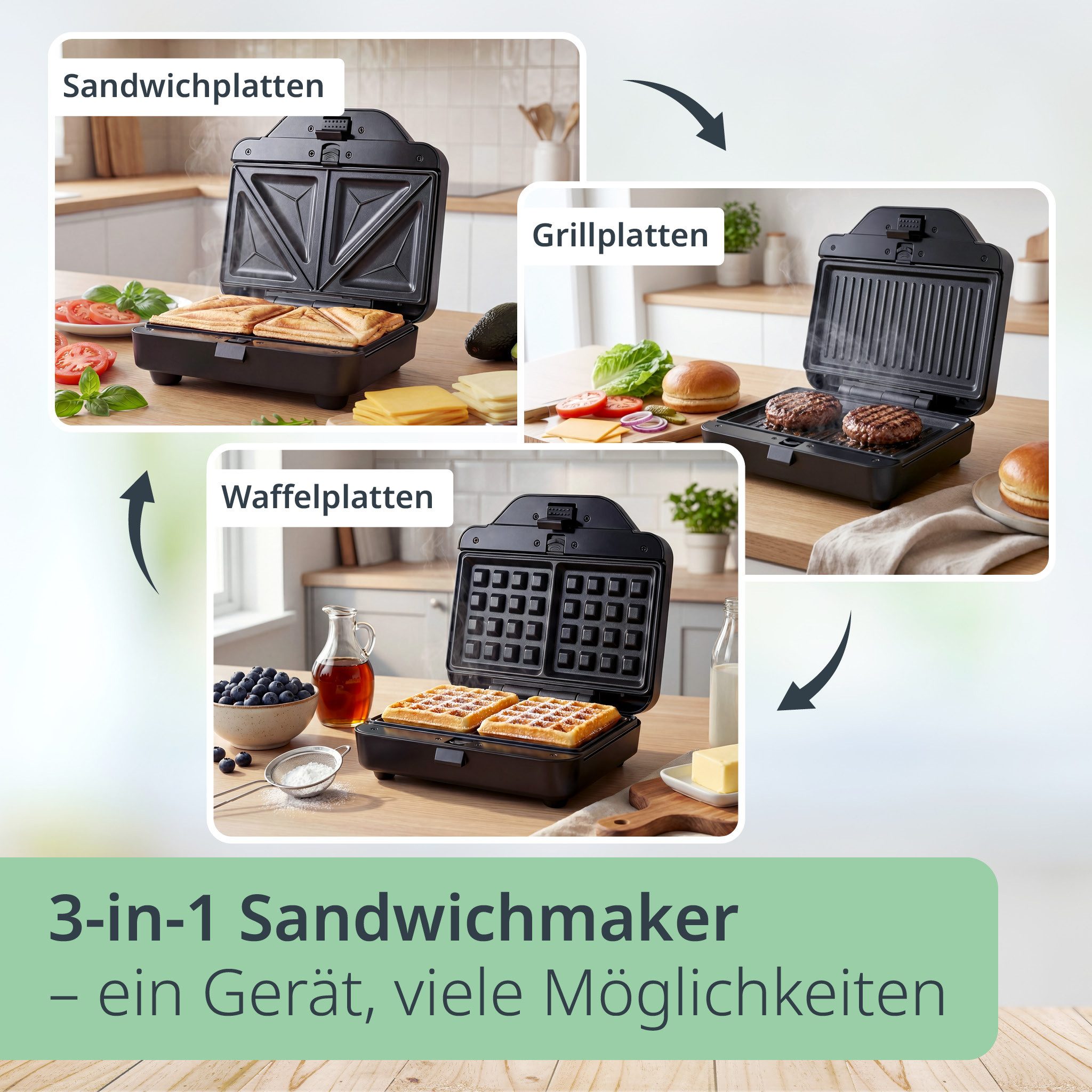 ADE 3-in-1-Sandwichmaker für Sandwiches, Waffeln, Gegrilltes, 800 W, Antihaftbeschichtung, platzsparend, Cool-Tuch-Griff, Kontrollleuchten