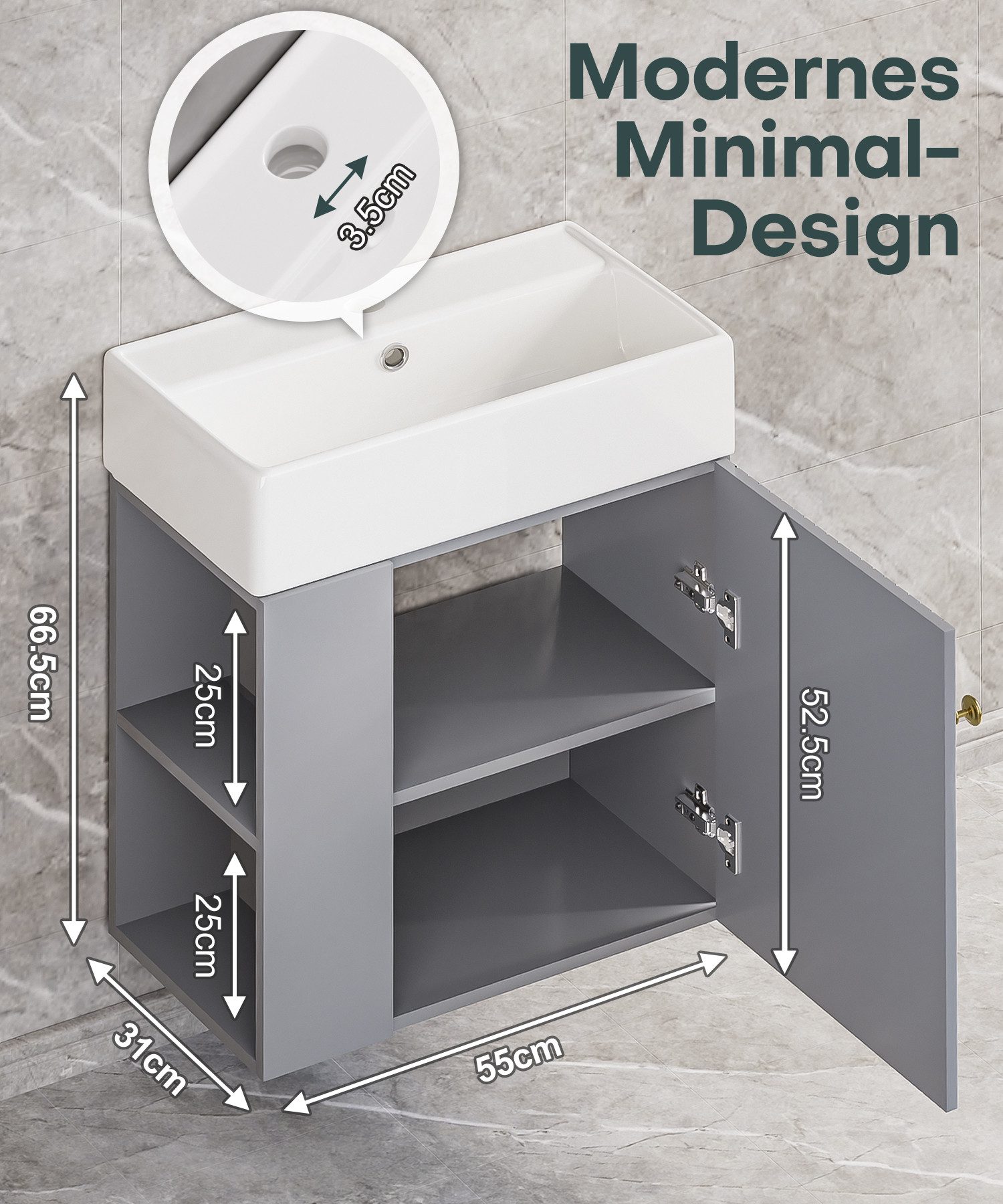 Yorbay Waschtisch Badmöbel Waschtischunterschrank (Breite 55 cm, Badschrank mit Waschbecken), Waschbecken mit Waschtisch für kleine Badezimmer – Bild 4 von 5