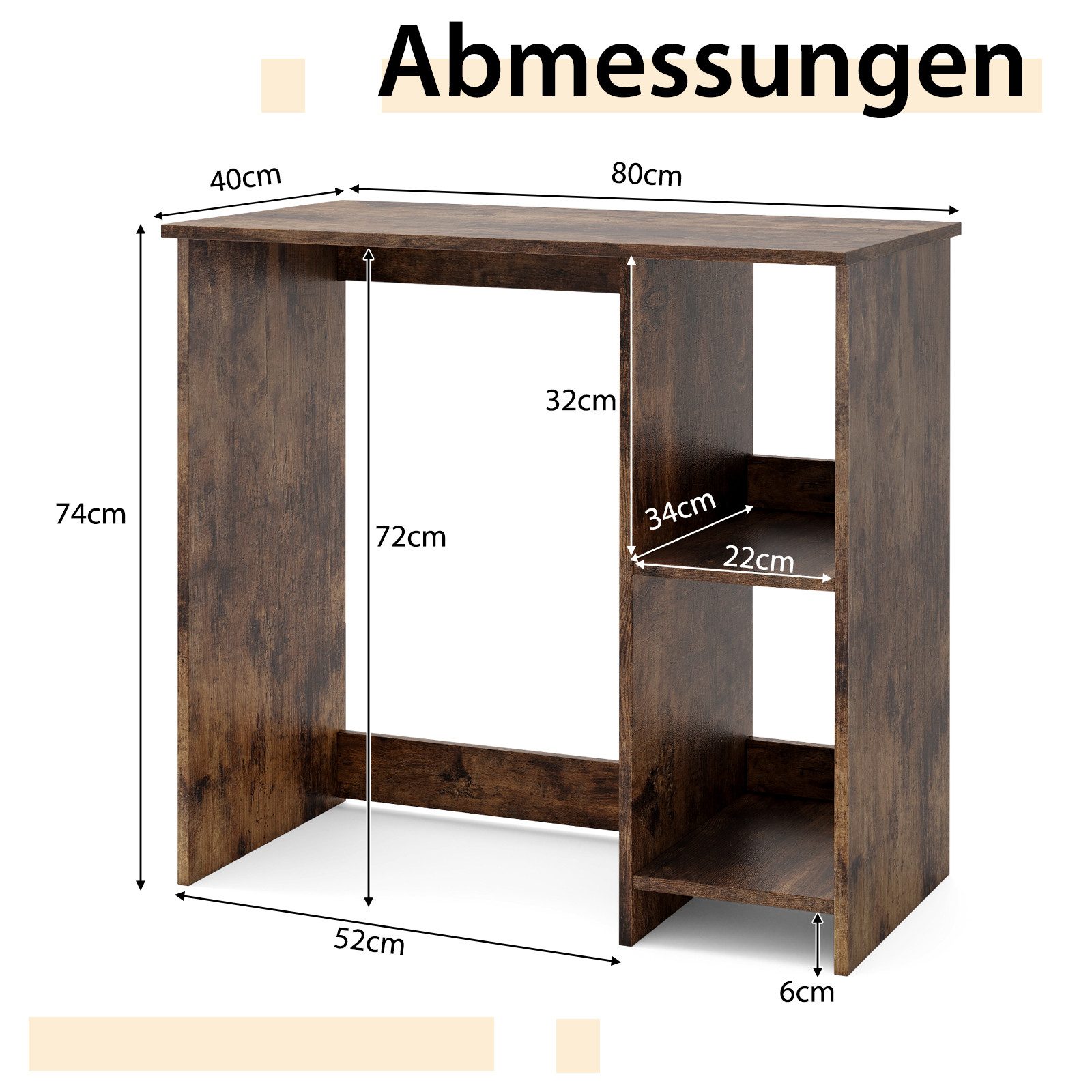 COSTWAY Schreibtisch, mit 2 Fächern, für kleine Räume, bis 130kg, 80x40x74cm
