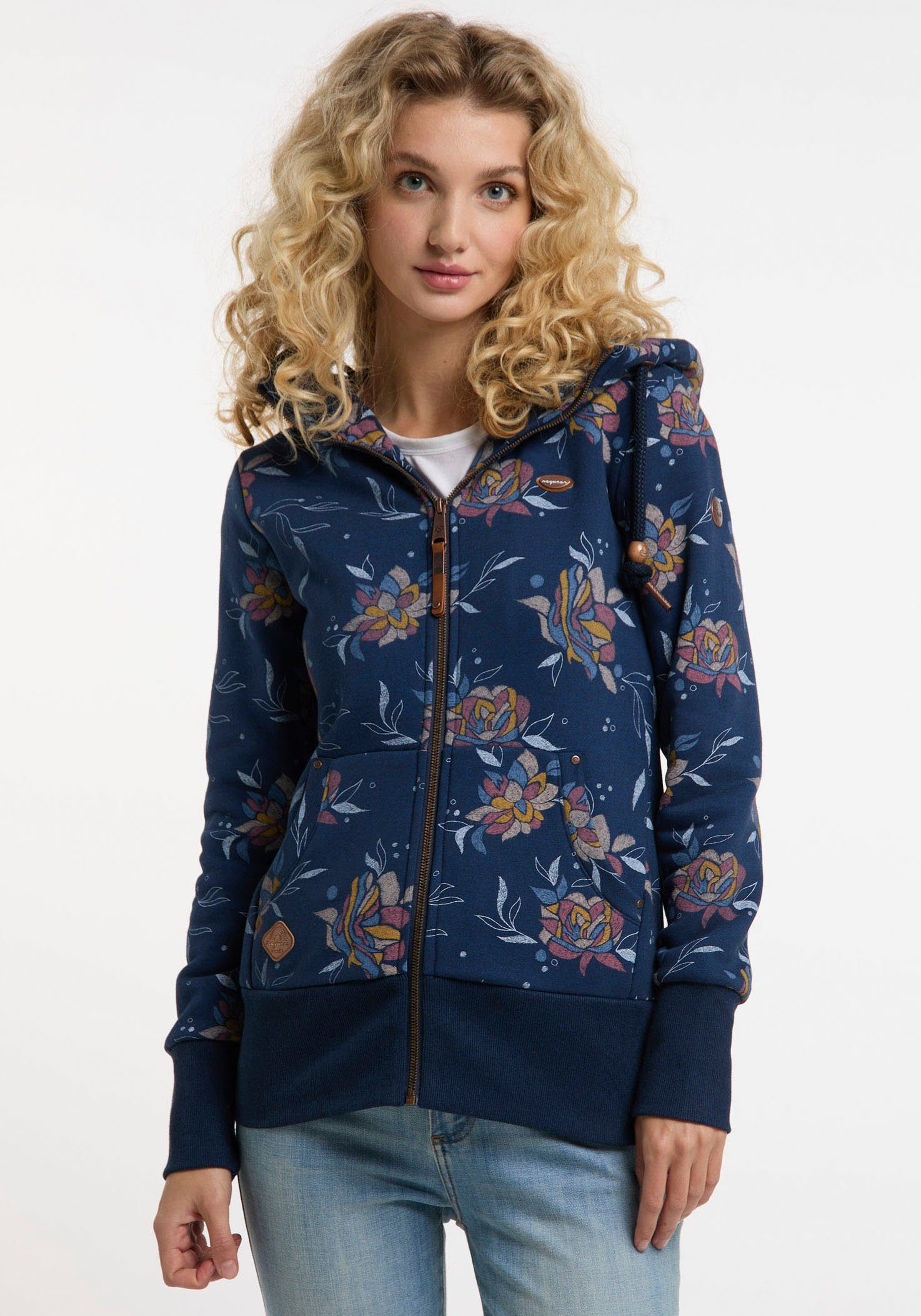 Allover FLOWER NESKA NAVY mit Blumendruck Kapuzensweatjacke ZIP Ragwear