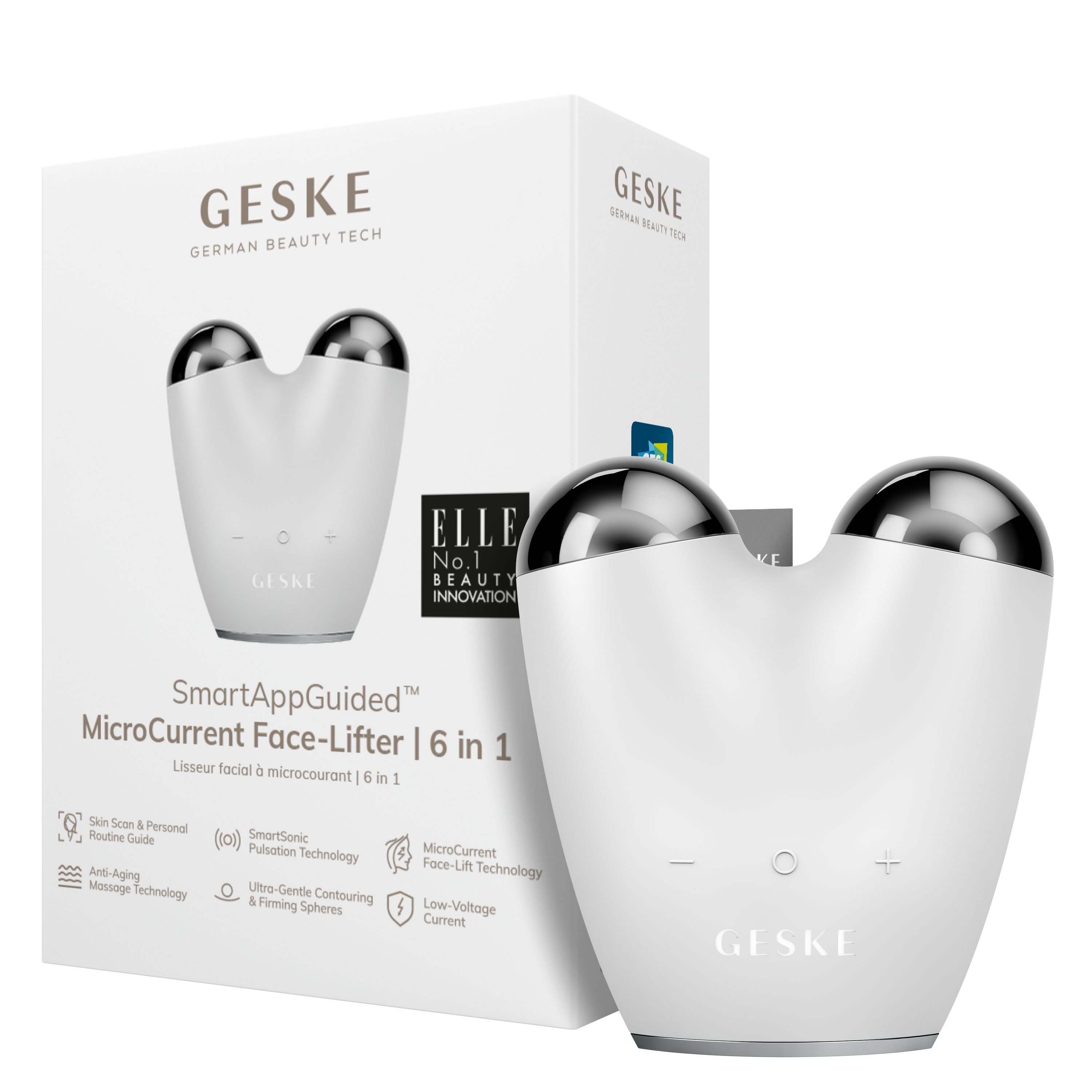 GESKE German Beauty Tech Enhancer SmartAppGuided™ MicroCurrent Face-Lifter 6 in 1, Packung (Gerät & USB-Ladekabel), 2-tlg., Gerät inkl. kostenloser APP (SmartAppGuided Device), Mit der GESKE App erhältst Du deine personalisierte Hautpflegeroutine.