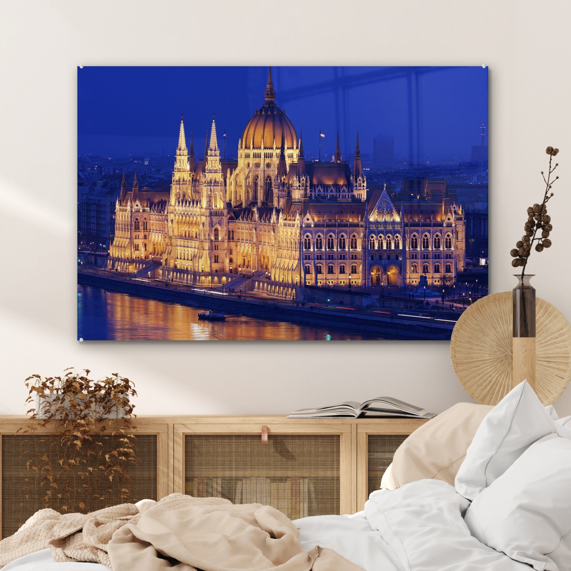 & St), ungarischen Panorama (1 des beleuchteten Parlamentsgebäudes, MuchoWow Wohnzimmer Acrylglasbilder Schlafzimmer Acrylglasbild