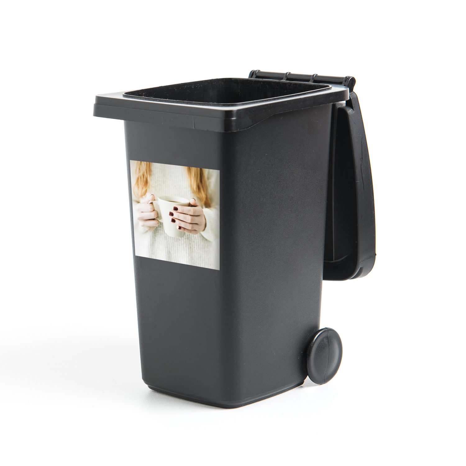 MuchoWow Wandsticker Frau - Pullover - Kaffee (1 St), Mülleimer-aufkleber, Mülltonne, Sticker, Container, Abfalbehälter