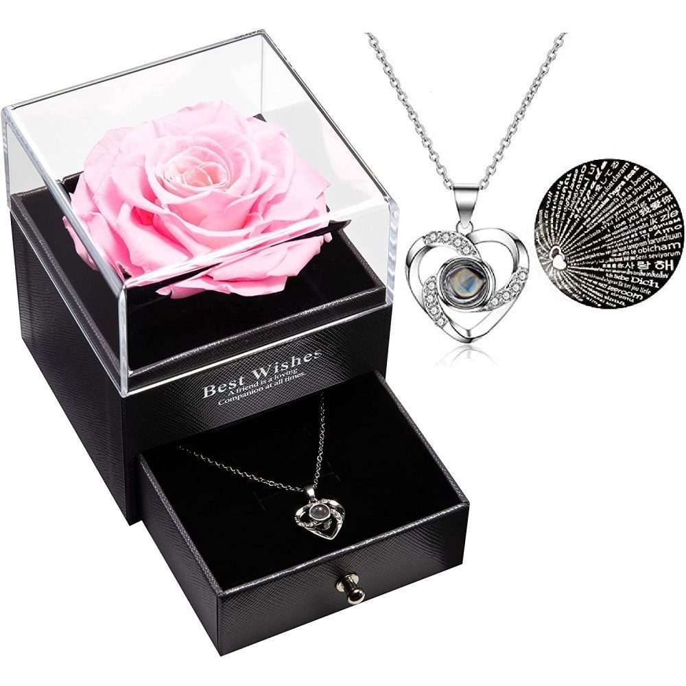 Love Anhänger Sprachen mit Ewige mit Rose Geschenkbox GelldG Halskette I 100 ‎‎Silber+‎‎rosa Schmuck You Kette