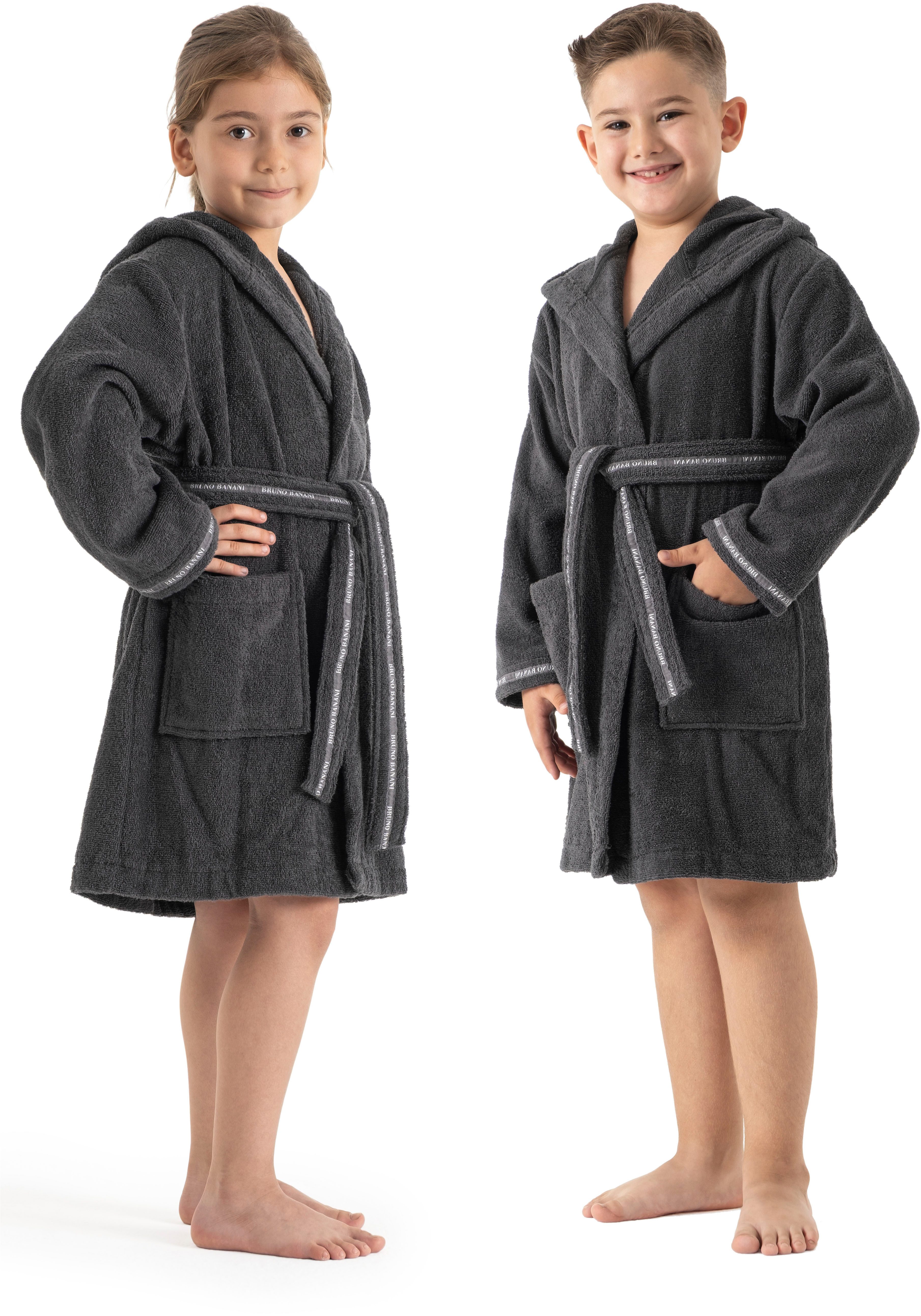 Bruno Banani Kinderbademantel Danny, Ideal für Zuhause, Schwimmbad oder im Urlaub, Langform, Walkfrottee, Kapuze, Gürtel, mit Logostreifen, aus 100% Baumwolle