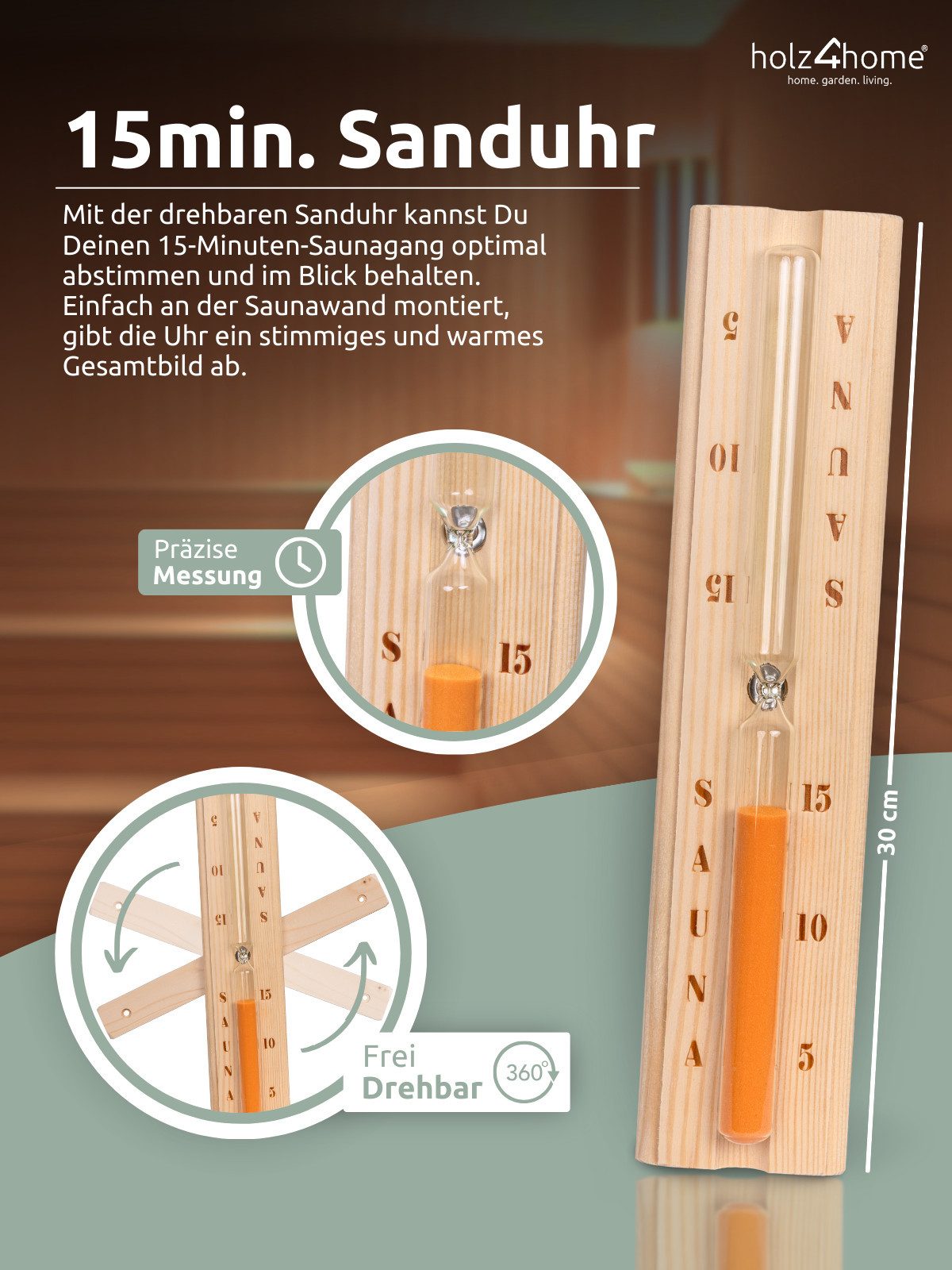 holz4home® Sauna-Aufgussset Sauna Eimer Set I Saunazubehör aus Holz (4-tlg., Set) inkl. Eimer, Kelle, Sanduhr, Thermometer – Bild 5 von 5