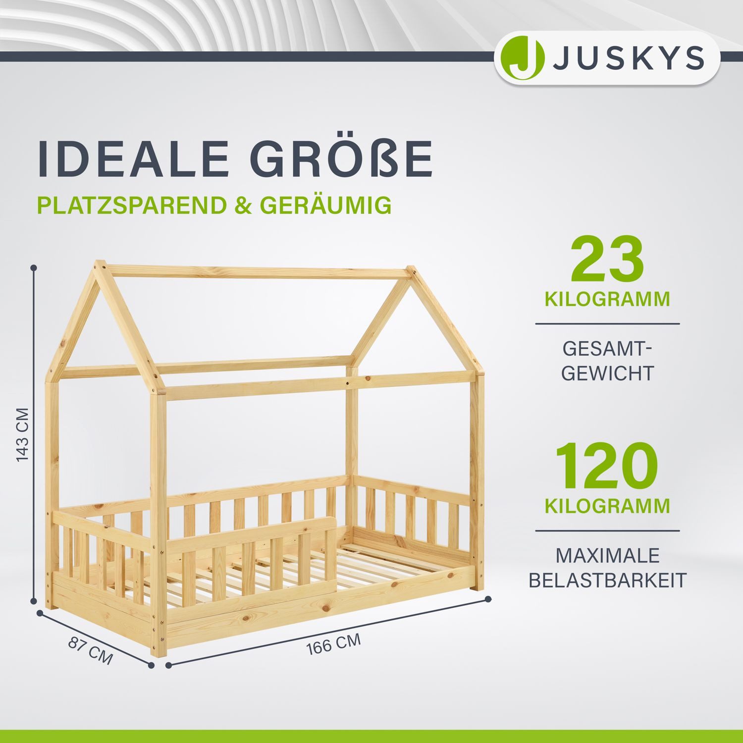 Juskys Kinderbett Marli, 80x160 cm, Hausoptik mit Dach, Holz, Rausfallschutz, 3 - 10 Jahren