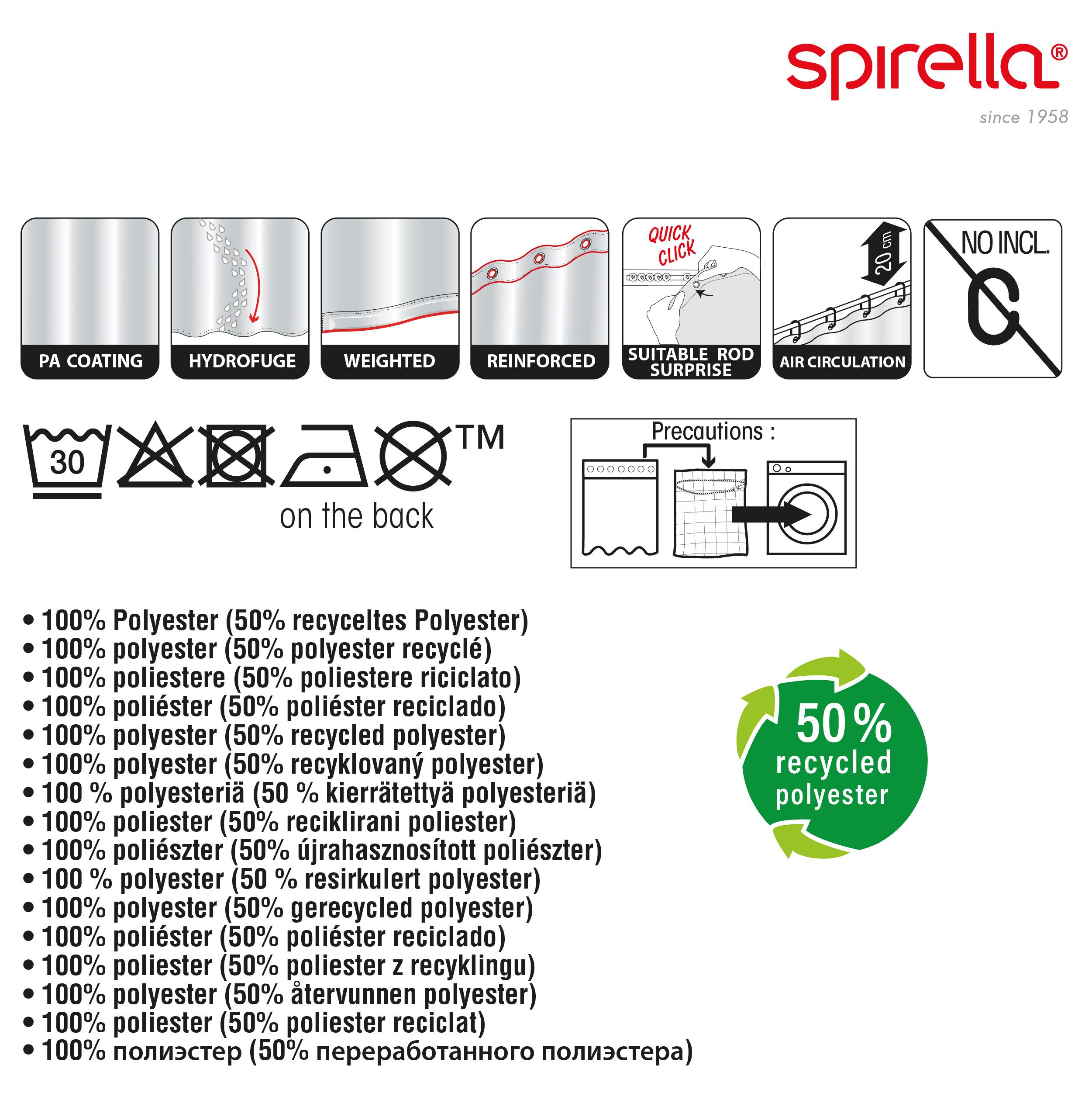spirella Duschvorhang Spirella Anti-Schimmel Duschvorhang - Anti-Bakteriell, waschbar Breite 180 cm, Anti-Schimmel Textil-Duschvorhang, Polyester, 180x200 cm, w – Bild 4 von 5