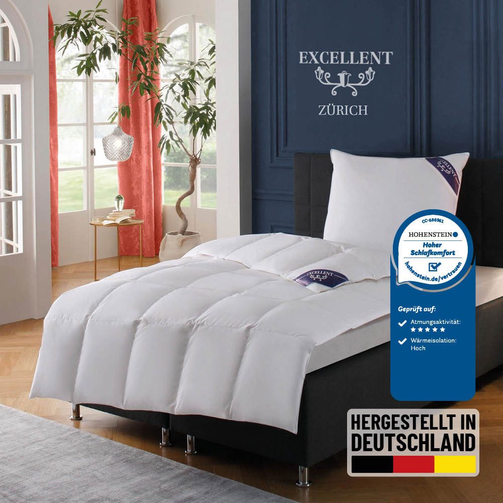 Excellent Daunenbettdecke Zürich, Bettdecke normal mit Bestnote "Hoher Schlafkomfort" bewertet., Füllung: 100% Daunen, Bezug: 100% Baumwolle, Bettdecke 135x200 cm, 155x220cm und weitere Größen, Made in Germany