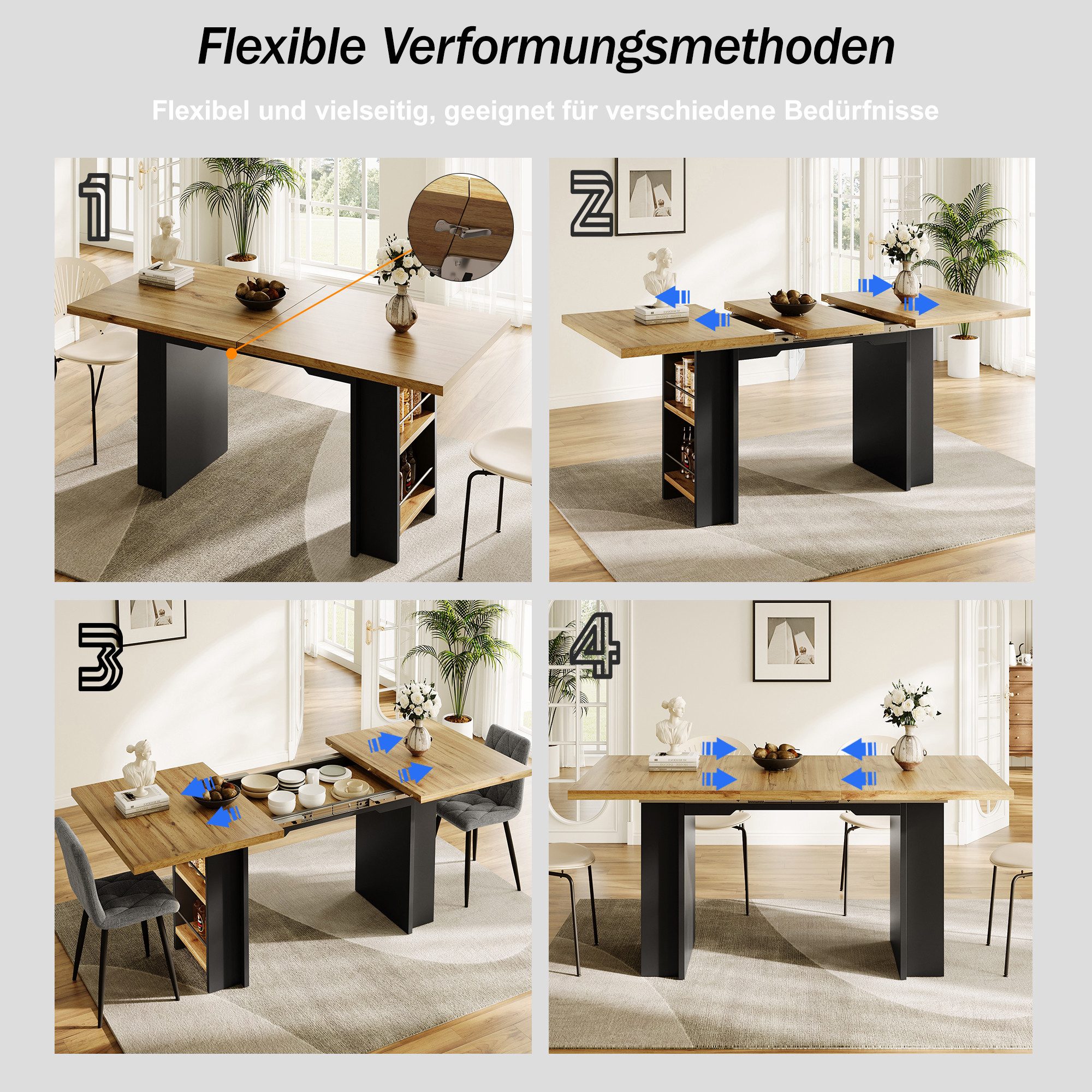 i@home Esstisch Ausziehbarer Esstisch, 120-160 x 80 cm, perfekt für Moderne Esszimmer (1 Tisch), Teleskoptisch (120-160×80cm), Tisch mit Regalen, Küchentisch,Ho – Bild 5 von 5