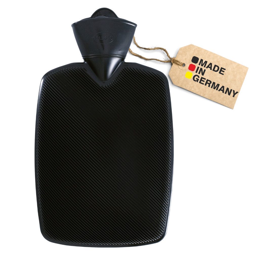 Hugo Frosch Wärmflasche Klassik 1,8 l Halblamelle Made in Germany, Schwarz - langlebige, auslaufsichere Bettflasche mit XL-Haltelasche