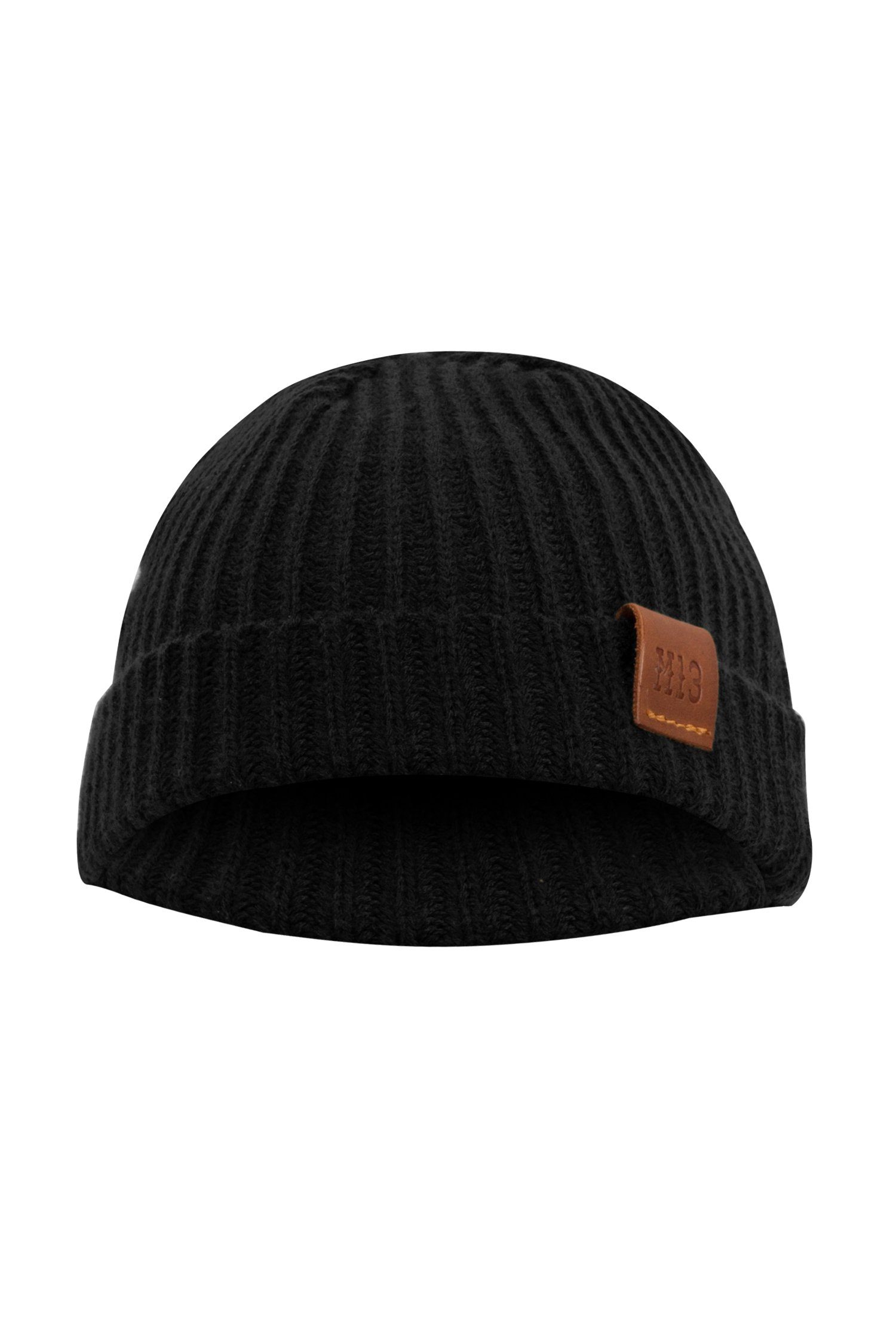 Manufaktur13 Beanie Fishermans Beanie - Strickmütze, Wintermütze mit Echt-Leder Veredelung Black