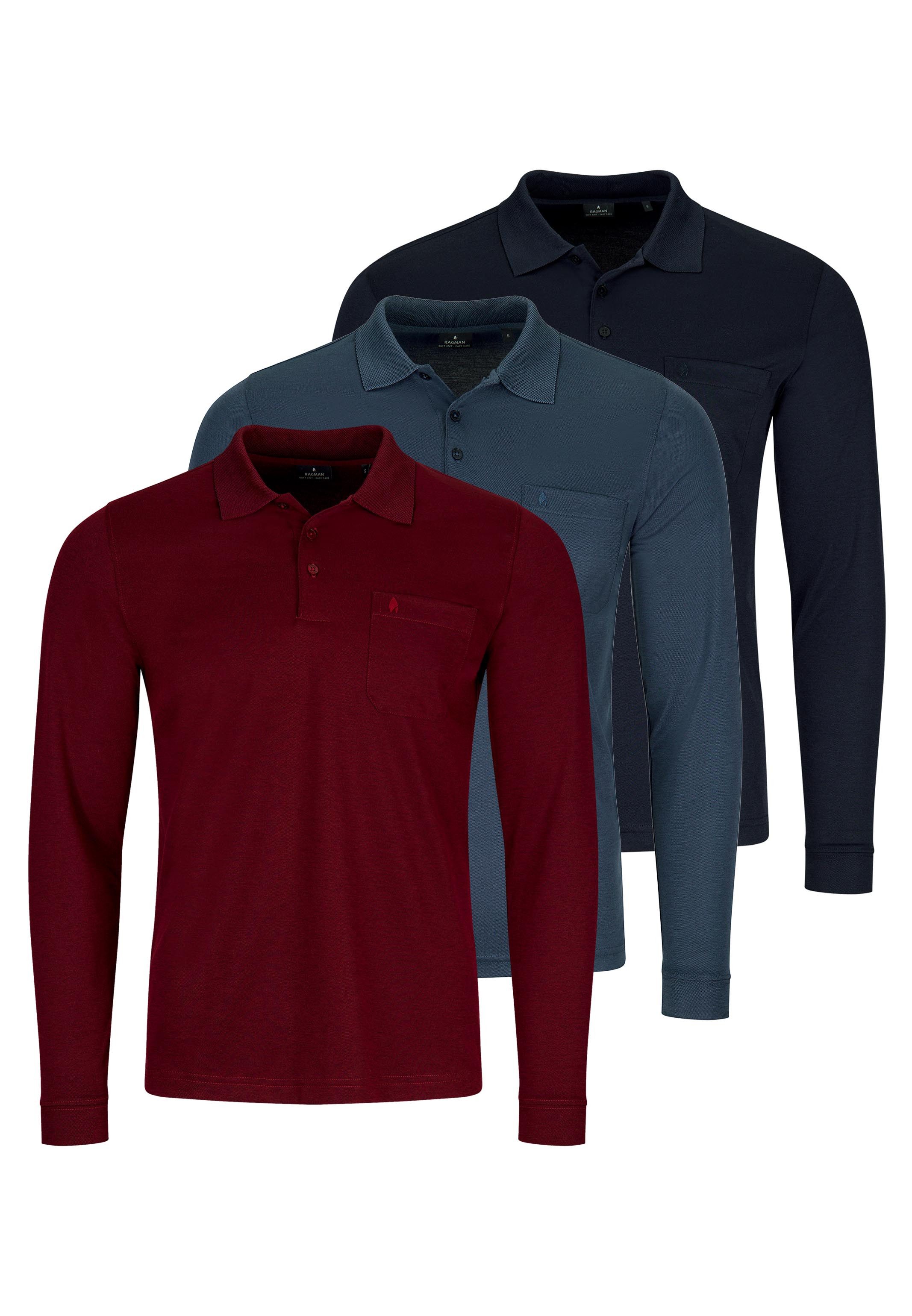 RAGMAN Langarm-Poloshirt 3er Pack Basic (Spar-Set, 3-tlg) Poloshirt - Baumwolle - Atmungsaktiv - Klassischer Look
