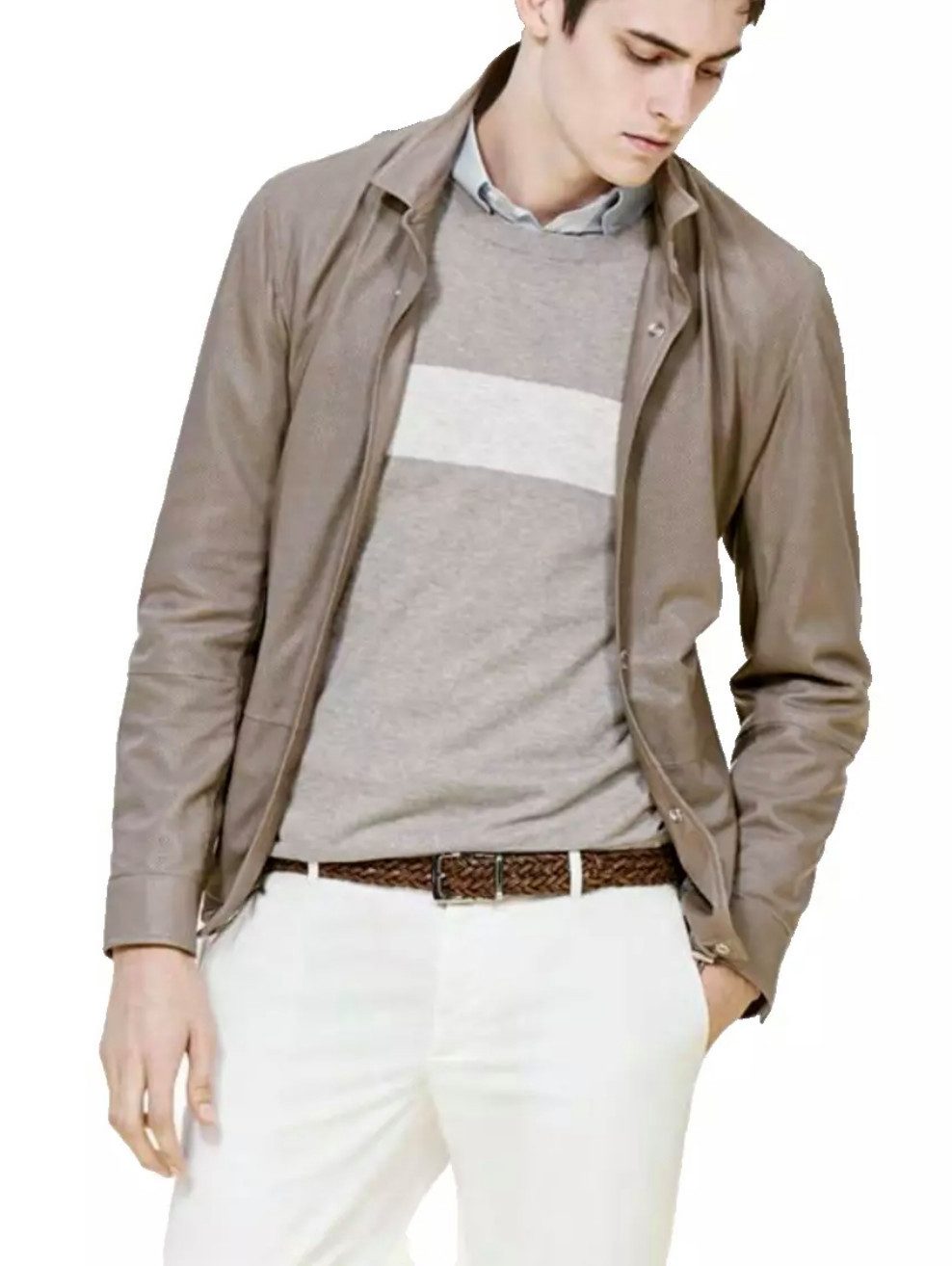 BRUNELLO CUCINELLI Lederjacke Perforierte Safari-Stil Blouson Jacke Zwei-Wege-Reißverschluss, Elastischer Kordelzug, Cupro-Fütterung
