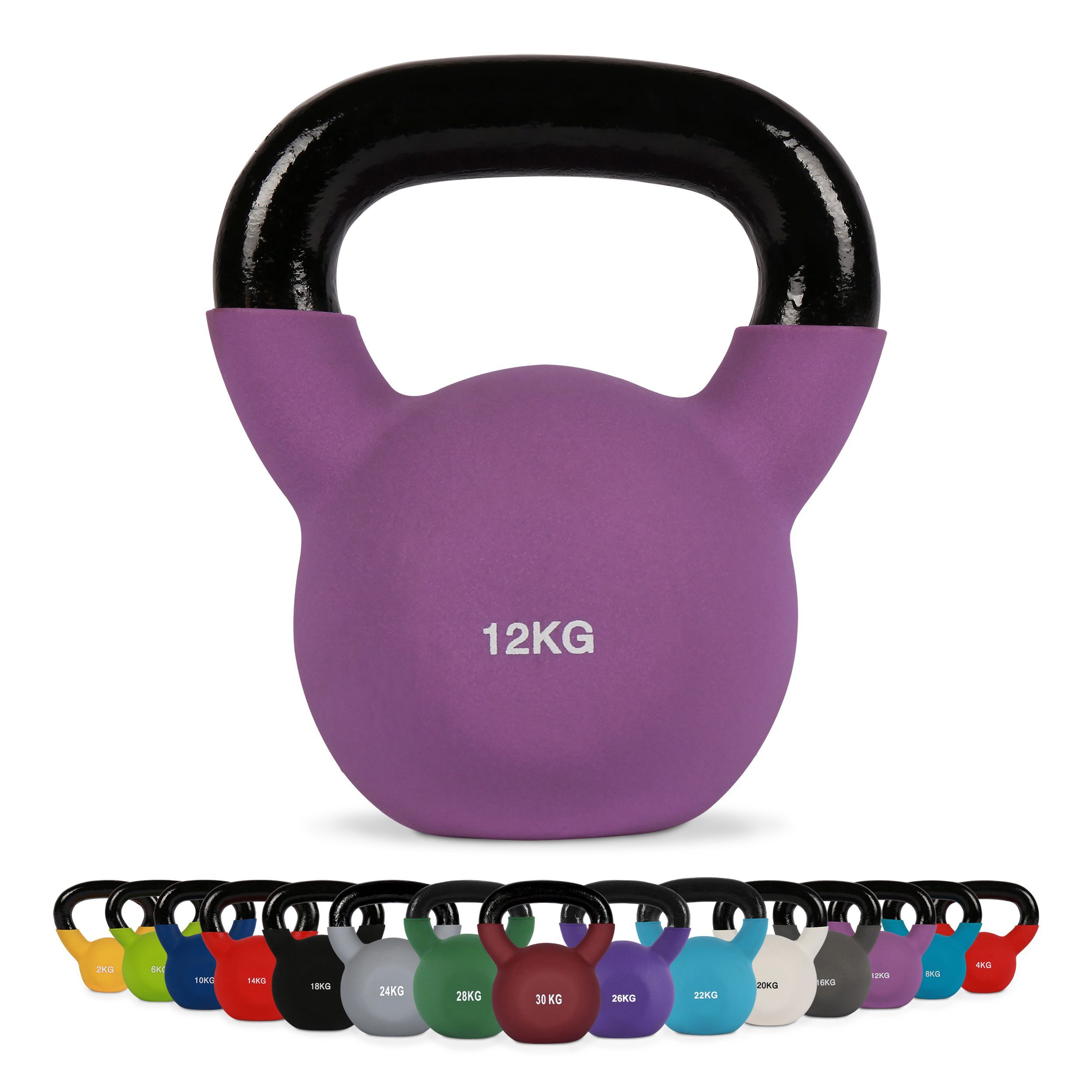 MSports® Kettlebell Kettlebell Professional Neopren 2 – 30 kg inkl. Übungsposter 12 Kg - Lila