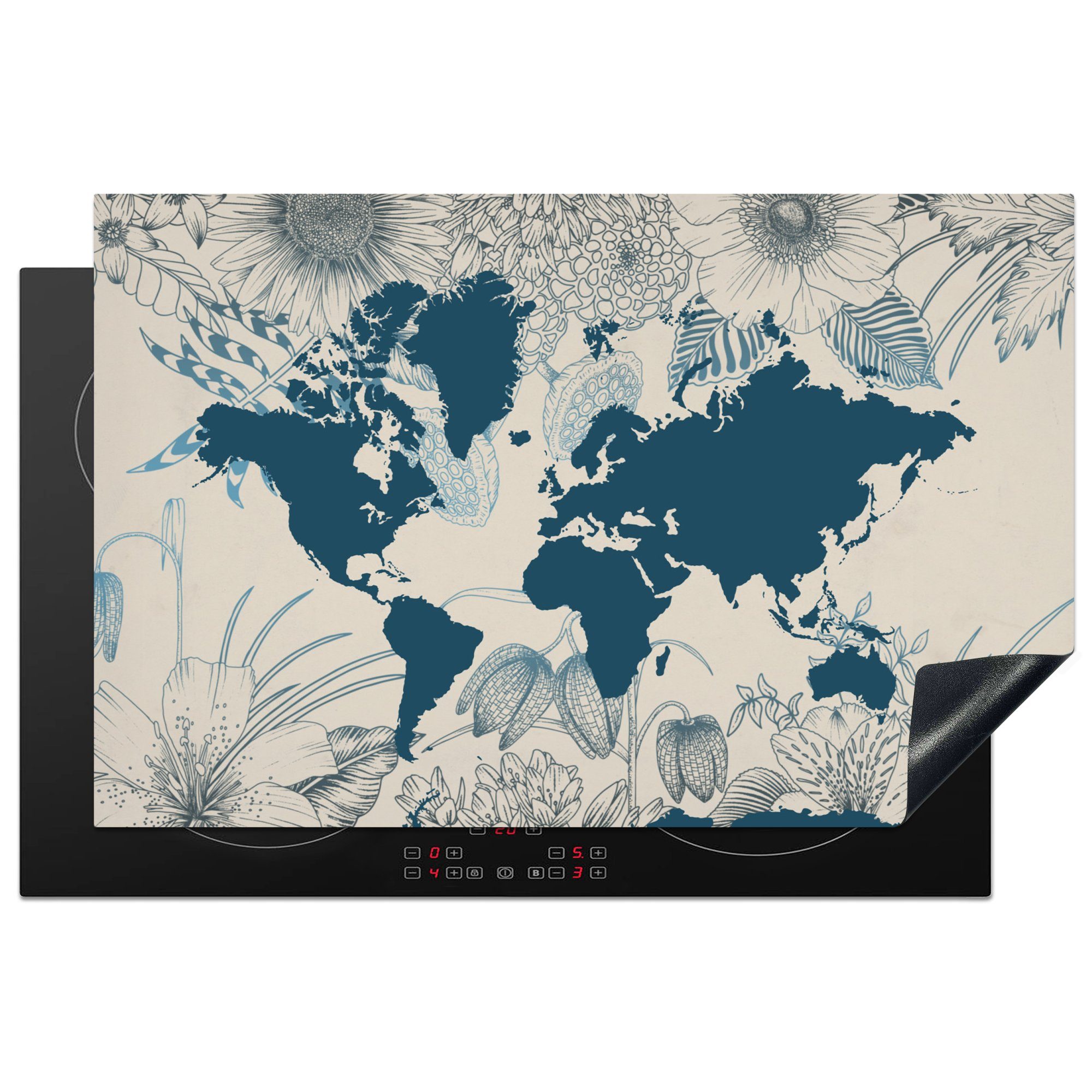 MuchoWow Herdblende-/Abdeckplatte Weltkarte - Blau - Blumen, Vinyl, (1 tlg), 81x52 cm, Induktionskochfeld Schutz für die küche, Ceranfeldabdeckung