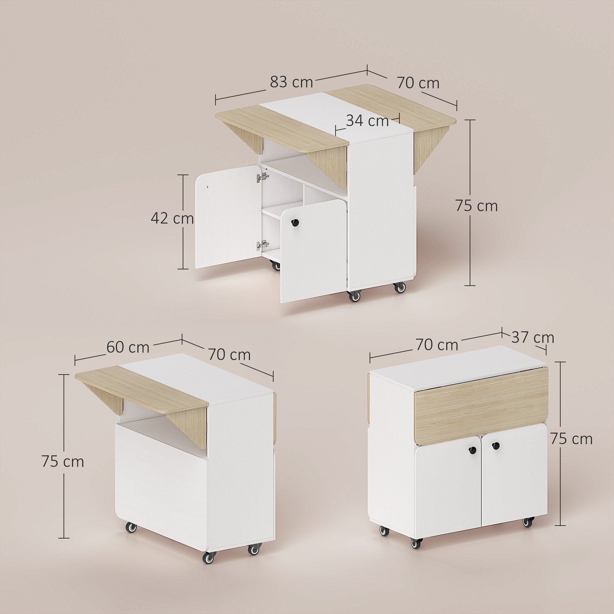 HOMCOM Esstisch mit Rolle, Stauraum (mobiler Küchentisch, 1-St., Klapptisch für 2-4 Personen), für Kleine Räume, Esszimmer 70 x 83 x 75 cm, Weiß+Naturholz