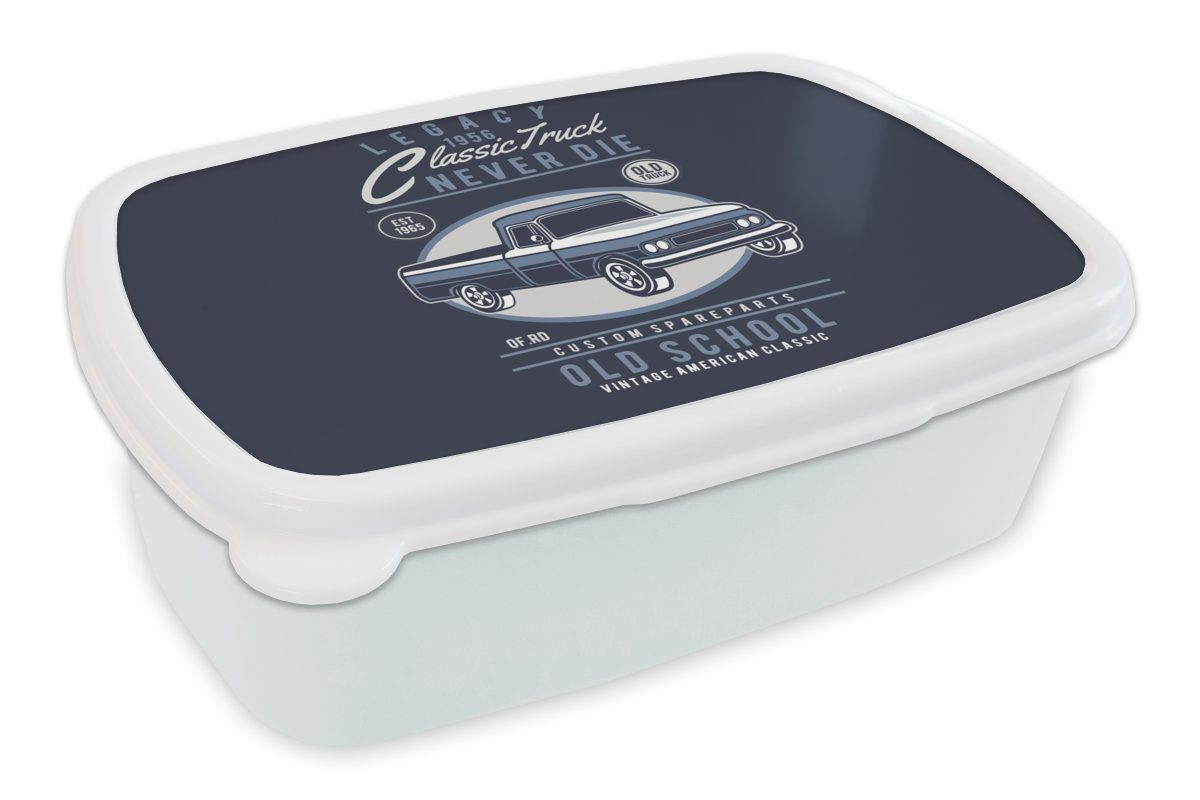 MuchoWow Lunchbox Autos - Blau - Retro, Kunststoff, (2-tlg), Brotbox für Kinder und Erwachsene, Brotdose, für Jungs und Mädchen weiß