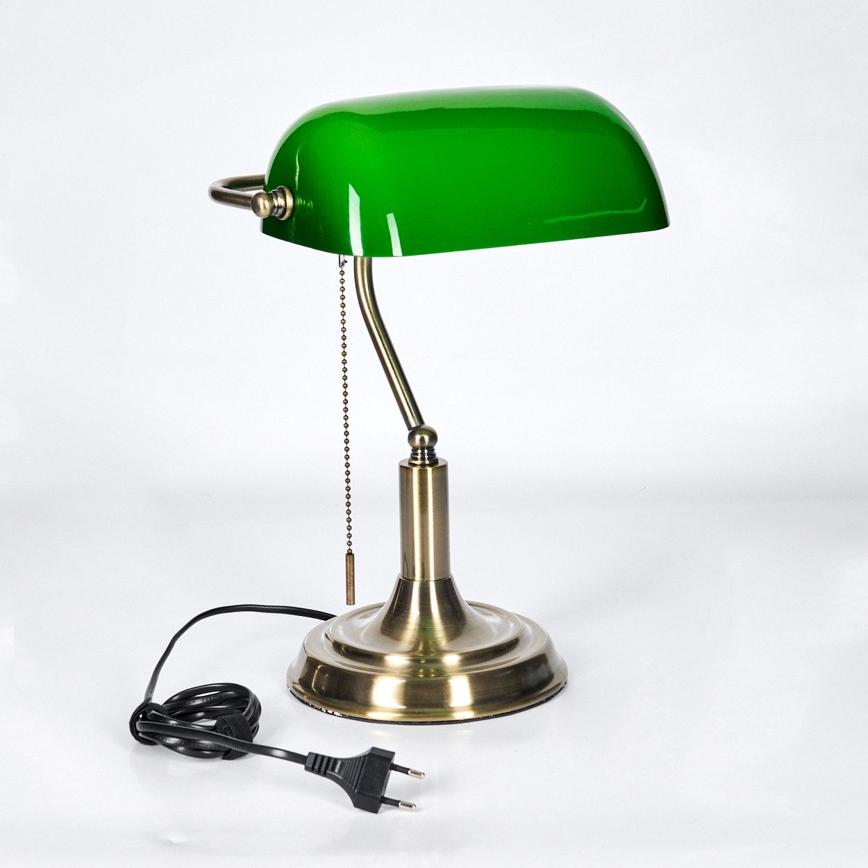 hofstein Tischleuchte Tischlampe aus Metall/Glas in Altmessing/Grün/Weiß, Schreibtischlampe, ohne Leuchtmittel, traditionelle Bankerlampe für Büros im Vintage-Design, Zugnschnur, E27
