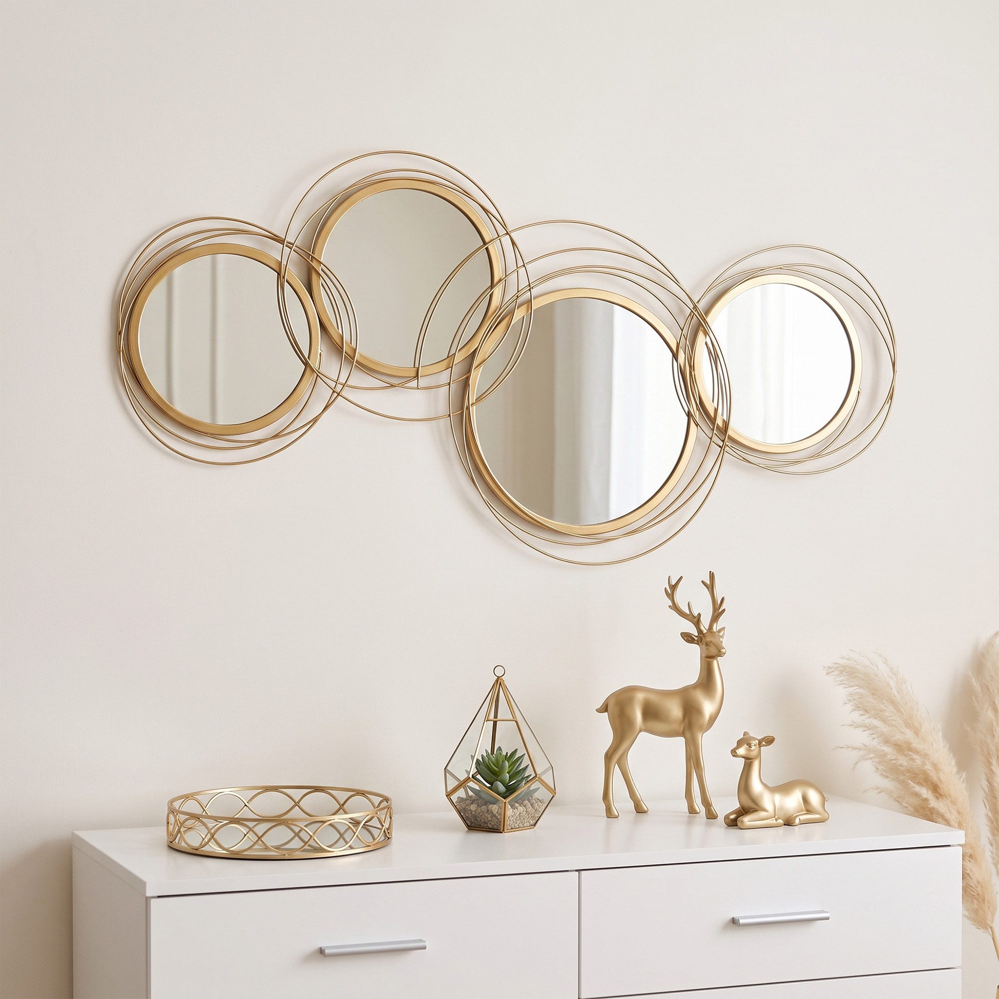 HOMCOM Wandbild Wandspiegel mit 4 runden Spiegeln, Wohnzimmerdeko, Flurspiegel, modern (Wanddeko, 1 St), Metall, Gold, 107 x 4 x 56 cm